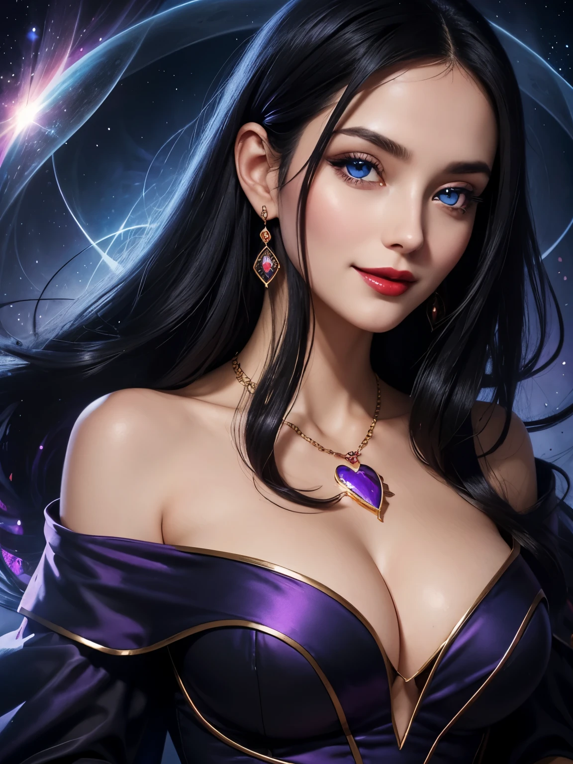 Portrait, beautiful woman with black hair and a silky purple dress, wearing a large heart-shaped necklace, hourglass figure, symmetrical figure, highly detailed face, beautiful face, calming blue eyes, lush red lips, smiling, alluring, stunning digital illustration, mysterious quantum environment, cosmic elements and ethereal atmosphere