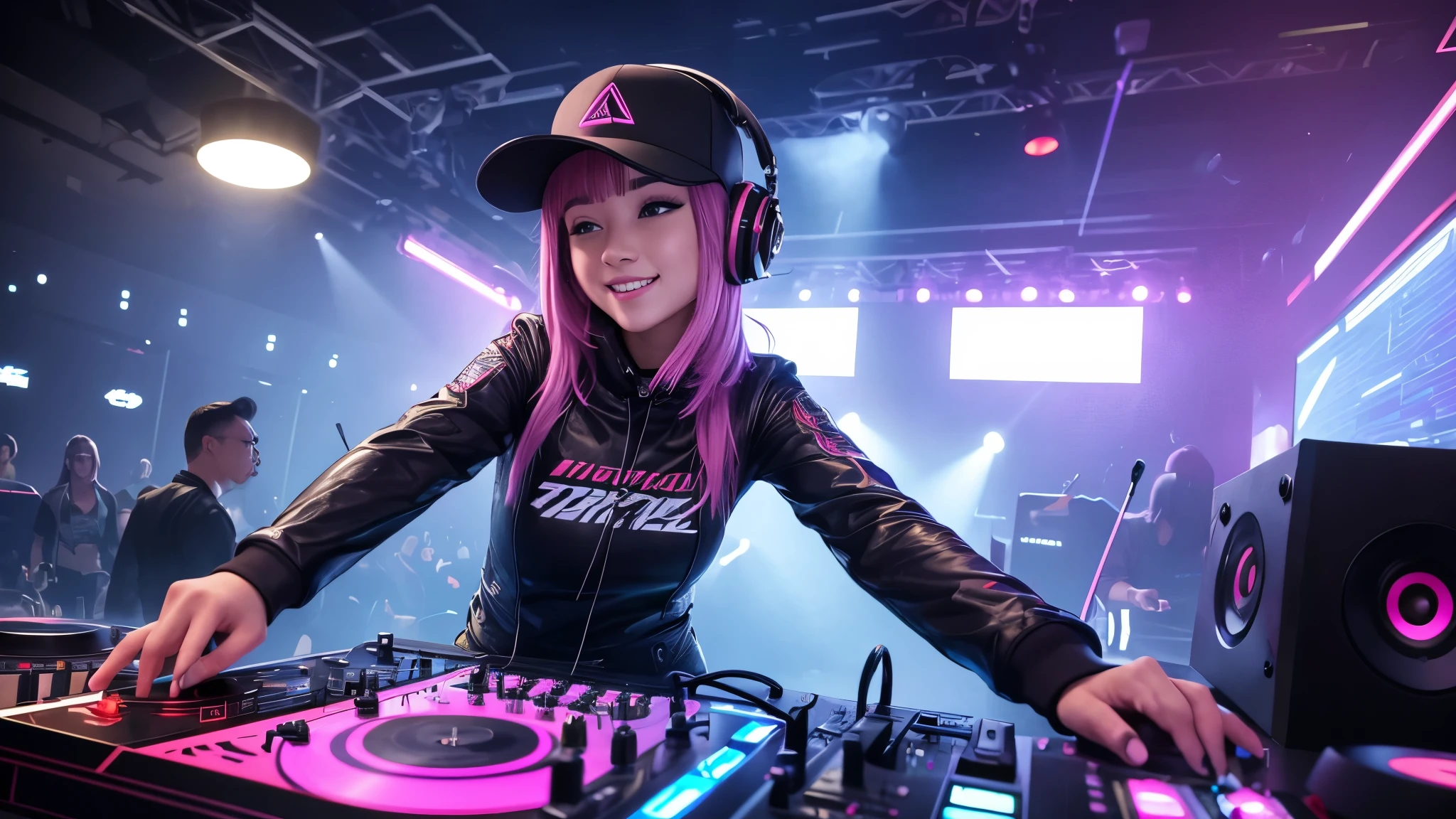 A young female DJ wears a vinyl record player on a sci-fi DJ table，（The upper part of the body：1.5）, Look at the crowd，Cybernetics enhances the highly detailed futurists on the stage table，She wears futuristic clothing and double-sided hearing headphones，She wears a Rosotto hat on her head，Laugh excitedly，dynamic viewing angle，