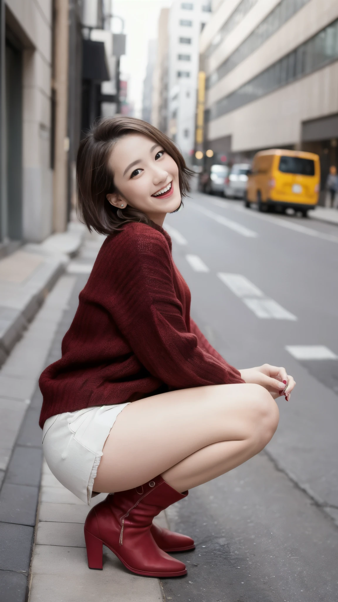 Photo taken by a professional photographer，laughter:1.5，Close-up of a 25-year-old Japanese woman squatting on the sidewalk, wearing a sweater, short cut brown hair, hair is disheveled，young and cute girl, wear a miniskirt:1.5，Wear stylish boots，Fancy makeup with red eyeshadow，Beautiful thighs are visible，squatting facing forward，