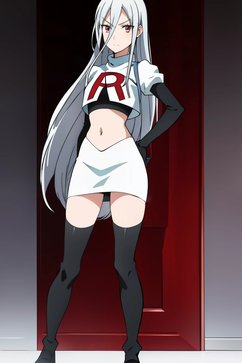 1girl, silver hair, hair between eyes, long hair, looking at viewer, silver hair, solo,leona_miyamura, team rocket,team rocket uniform,white skirt,red letter R,crop top,black thigh-highs,black elbow gloves