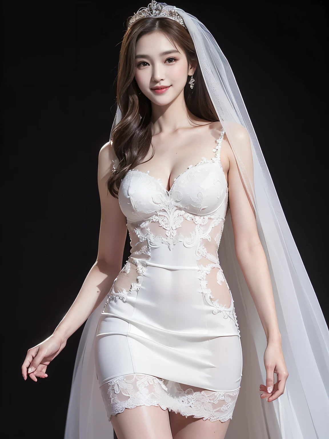 Super detailed, High resolution, (realistic, Photoreal:1.4), 8K, RAW photo, (masterpiece), (highest quality), ((The details are very fine))、Physically based rendering, Female college student, long brown hair, Korea,  smile、((long legs))、(((walking the runway in a wedding dress)))、(((slender body)))