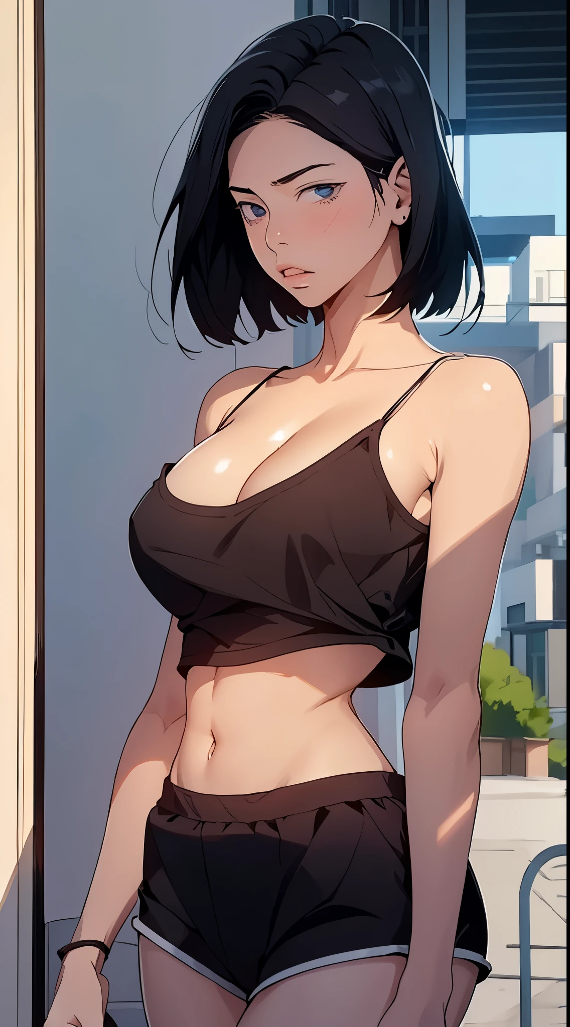 sooahdef, black hair, blue eyes, short hair
looking to the side, solo, breasts, parted lips, large breasts, looking away, camisole, cowboy shot, 1girl, black shorts, shorts, short shorts, bare shoulders, collarbone, cleavage
masterpiece, best quality