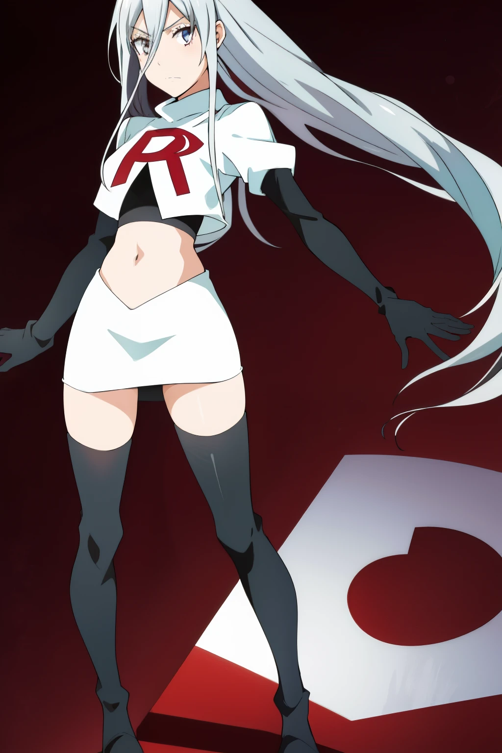 1girl, silver hair, hair between eyes, long hair, looking at viewer, silver hair, solo,leona_miyamura, team rocket,team rocket uniform,white skirt,red letter R,crop top,black thigh-highs,black elbow gloves
