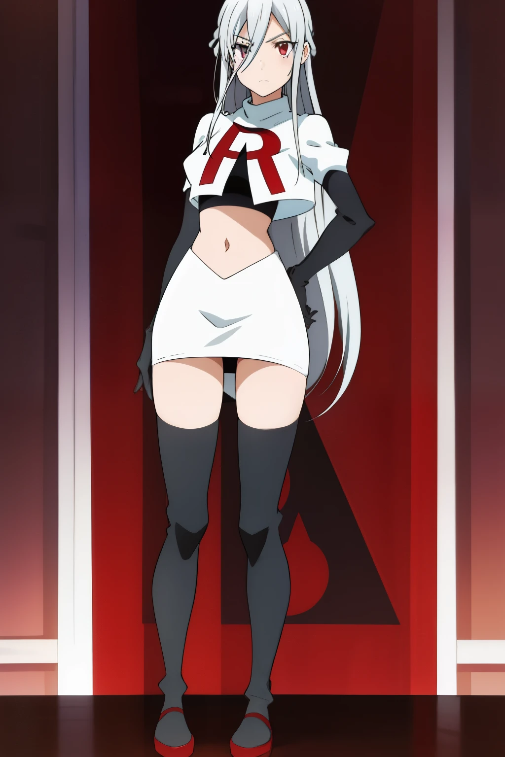 1girl, silver hair, hair between eyes, long hair, looking at viewer, silver hair, solo,leona_miyamura, team rocket,team rocket uniform,white skirt,red letter R,crop top,black thigh-highs,black elbow gloves