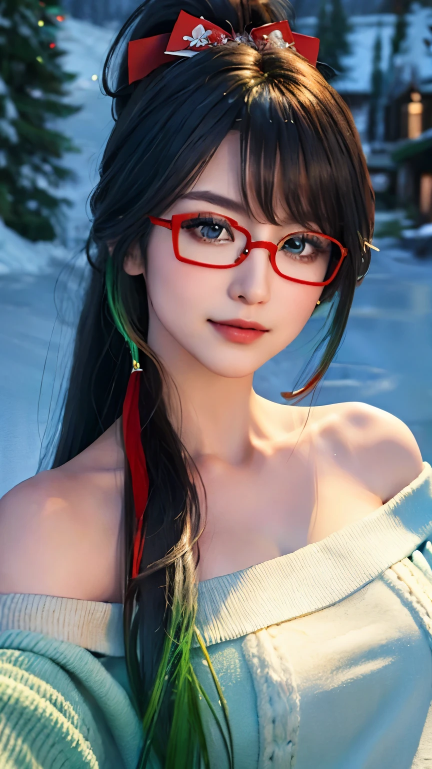 (8k、original photo、top quality、​Masterpiece:1.2)、(realistic、Realism:1.37)、1 girl, a very beautiful adult woman，Has a very cute smile, beautiful face，symmetry、Beautiful woman full of adult charm, light green eyes，Intensely brightens eyes, The eyes are slightly bigger, double eyelids,red glasses，Red half-rim glasses、Long ponytail hairstyle，Black hair and green hair, Good-looking hair accessories, , lip gloss, medium breasts, santa hat，Red off-the-shoulder sweater，Red is sexy，external，in the snow，reindeer, Look firmly at the camera, beautiful hair，Feeling moving