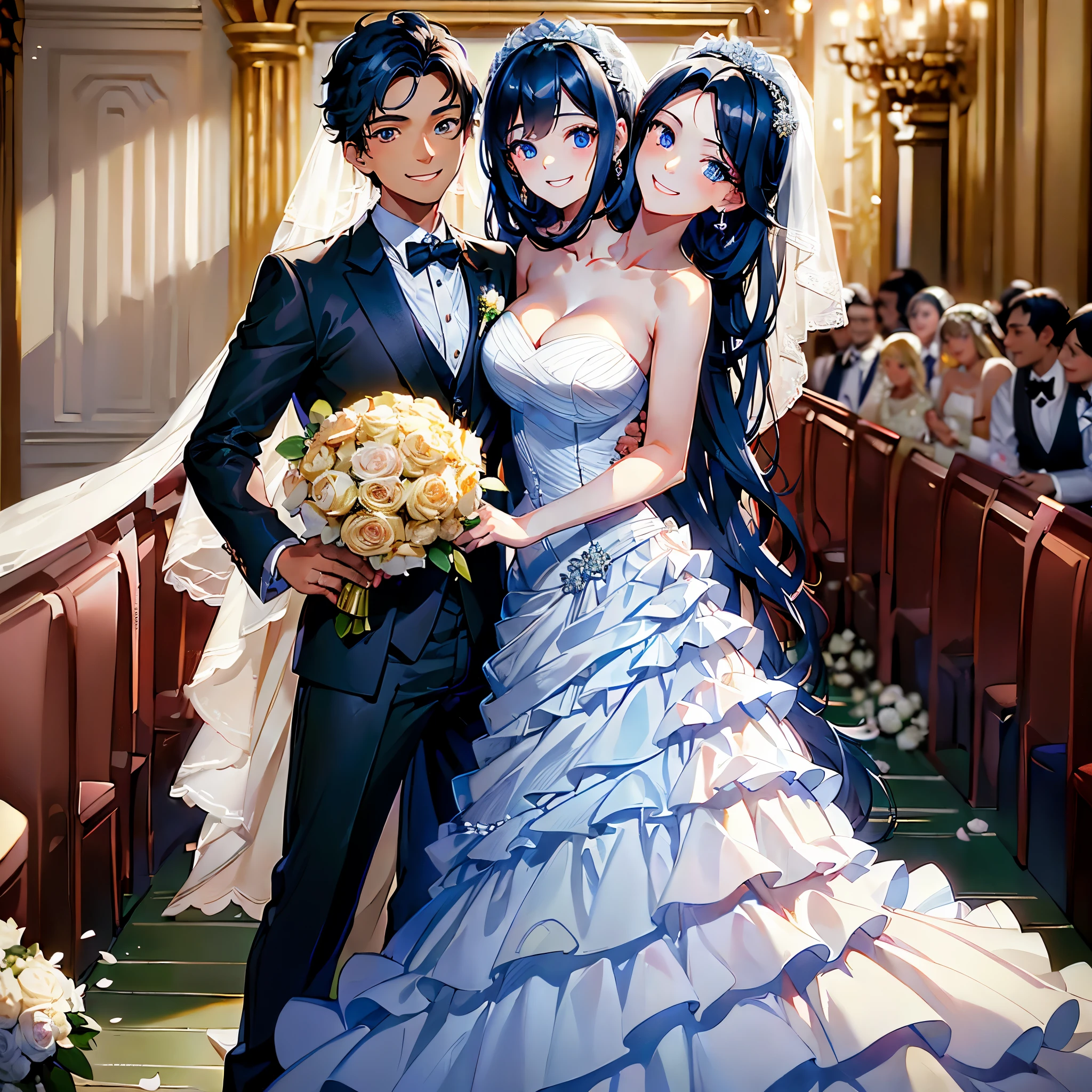 (masterpiece, best quality), best resolution, (young man with (black hair, brown eyes, dark skin, smiling, wedding tuxedo)) and (young woman with (2heads, blond hair, blue eyes, wedding dress)), two people standing next to each other, couple pose, smiling, happy, love, wedding