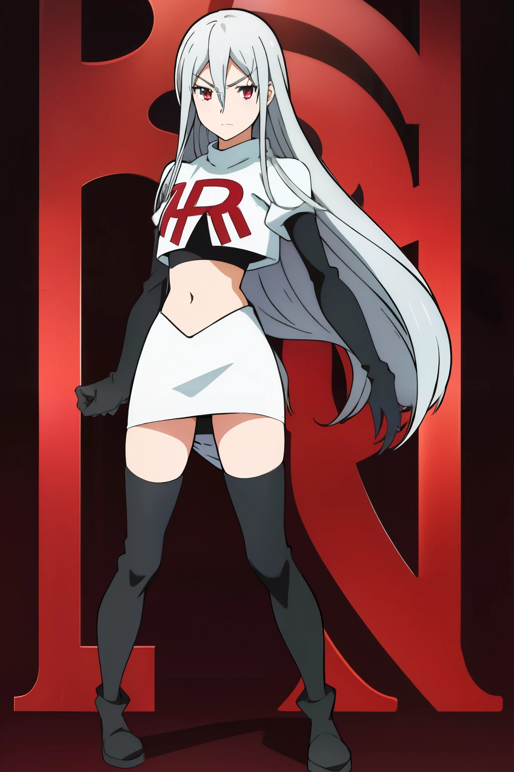 1girl, silver hair, hair between eyes, long hair, looking at viewer, silver hair, solo,leona_miyamura, team rocket,team rocket uniform,white skirt,red letter R,crop top,black thigh-highs,black elbow gloves