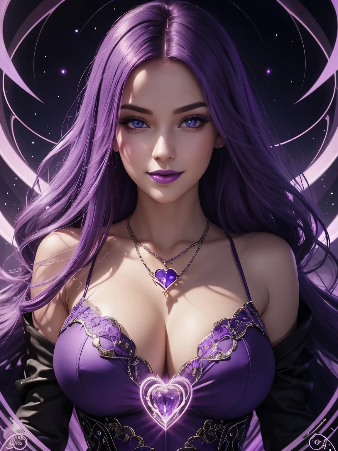 Portrait, beautiful woman with purple hair and a purple dress, wearing a large heart-shaped necklace, hourglass figure, symmetrical figure, highly detailed face, beautiful face, calming blue eyes, lush purple lips, smiling, alluring, stunning digital illustration, mysterious quantum environment, cosmic elements and ethereal atmosphere