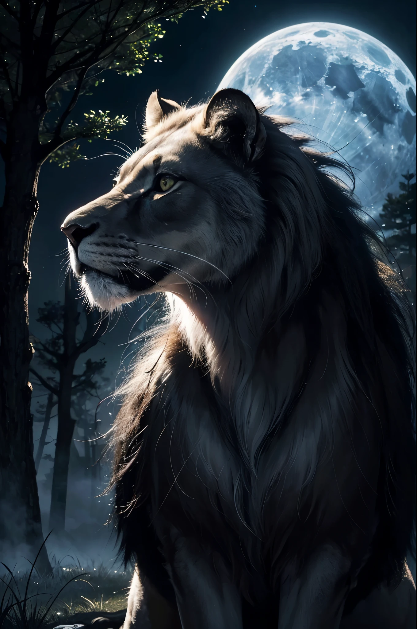"(best quality,highres,masterpiece:1.2),ultra-detailed,(realistic,photorealistic,photo-realistic:1.37),black lion in a highly detailed fantasy environment at night,fantastic atmosphere,mysterious glow,majestic creature,enchanted forest with towering trees,breathtaking starry sky,moonlit clouds,subtle moonlight casting soft shadows,sparkling fireflies dancing in the air,lion's fur in intricate patterns,bright piercing eyes,sharp and defined fangs,moonlight reflecting off sleek black fur,foggy mist adding a touch of mystery,peaceful yet mystical ambiance,dream-like setting with a touch of magic,ethereal and captivating scene,awe-inspiring and surreal environment,dark and hauntingly beautiful scene,whispers of ancient legends echoing in the air"