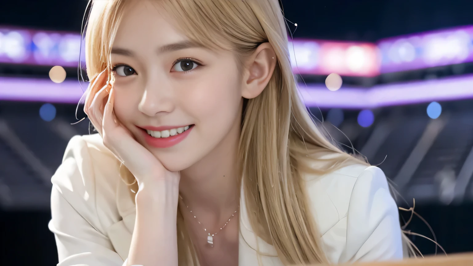 (8,000; Best Quality: 1.2), (Realistic, Realistic: 1.2), Lovely, Solo, Sky is Beautiful and Clear, Night, Moisture, Watching the Audience, (Sit: 1.5) Date, Mirai, (Nose Brush), (Smile: 1.15), Delicate eye (Deep Blonde: 1), Floating Hair Nova FrogStyle, White Suit Jacket, Burton T-shirt, Beige Pleats Skirt, Makeup, Lover's Smile, Beautiful (8,000, Yes, RAW Photo: 1.2
