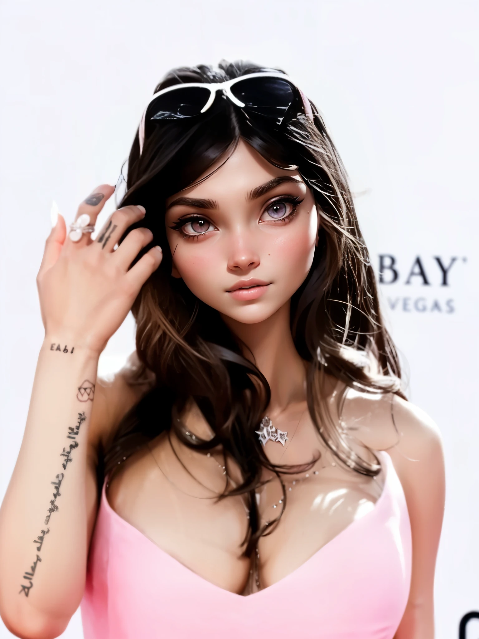 a close up of a woman in a pink dress with tattoos on her arm, mia khalifa, christina kritkou, violet myers, julia sarda, nina dobrev, arian mark, zendaya, lily frank, sofya emelenko, photo of a hand jewellery model, beautiful look, beautiful model, anna nikonova aka newmilky, deiv calviz, (highly detailed face:1.4) (smile:0.7) (background inside dark, moody, private study:1.3) POV, by lee jeffries, nikon d850, film stock photograph ,4 kodak portra 400 ,camera f1.6 lens ,rich colors ,hyper realistic ,lifelike texture, dramatic lighting , cinestill 800
