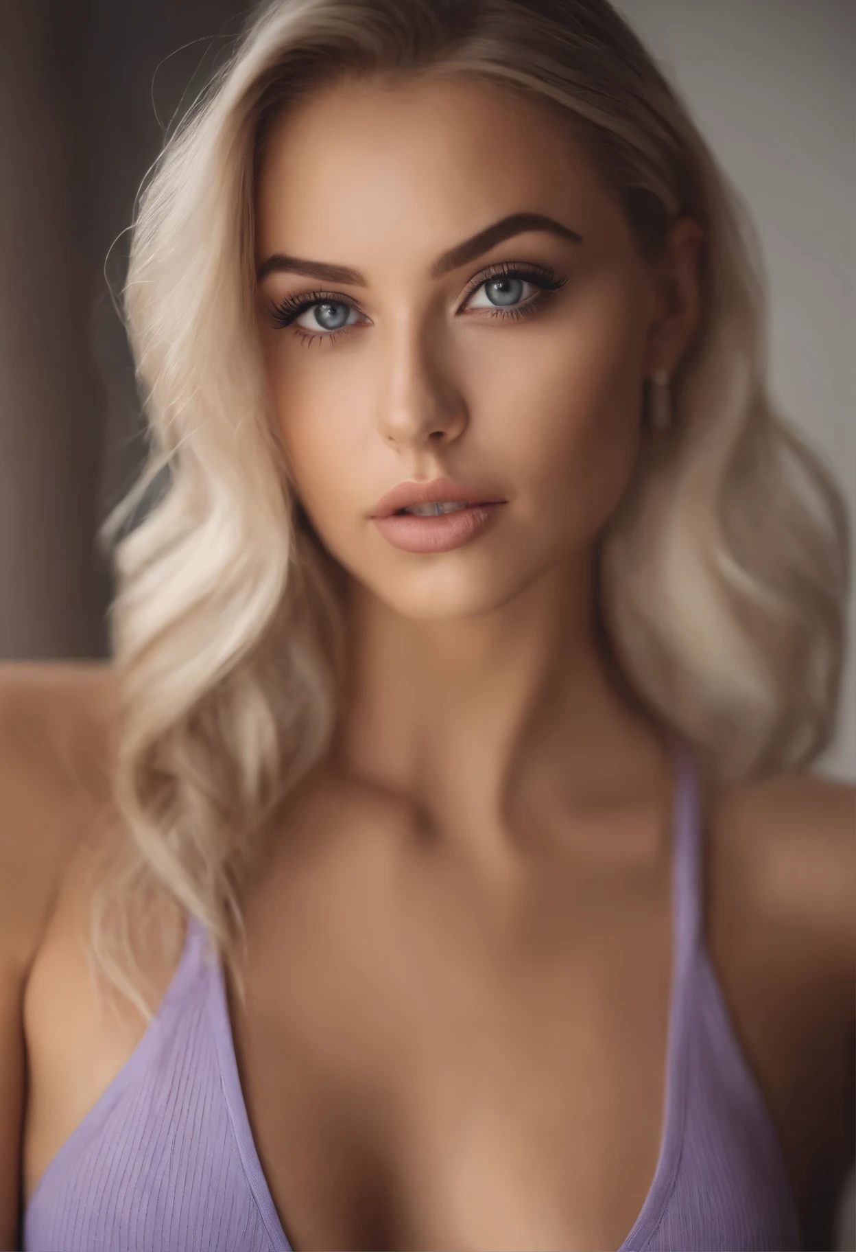 woman with matching tank top and panties, Sexy girl with blue eyes, portrait sophie mudd, portrait corinna kopf, blonde hair and large eyes, Selfie einer jungen Frau, Augen im Schlafzimmer, Violet Myers, ohne Make-up, Natural makeup, Blick direkt in die Kamera, Gesicht mit Artgram, dezentes Make-up, Stunning full body shot, im Schlafzimmer, Spaltung