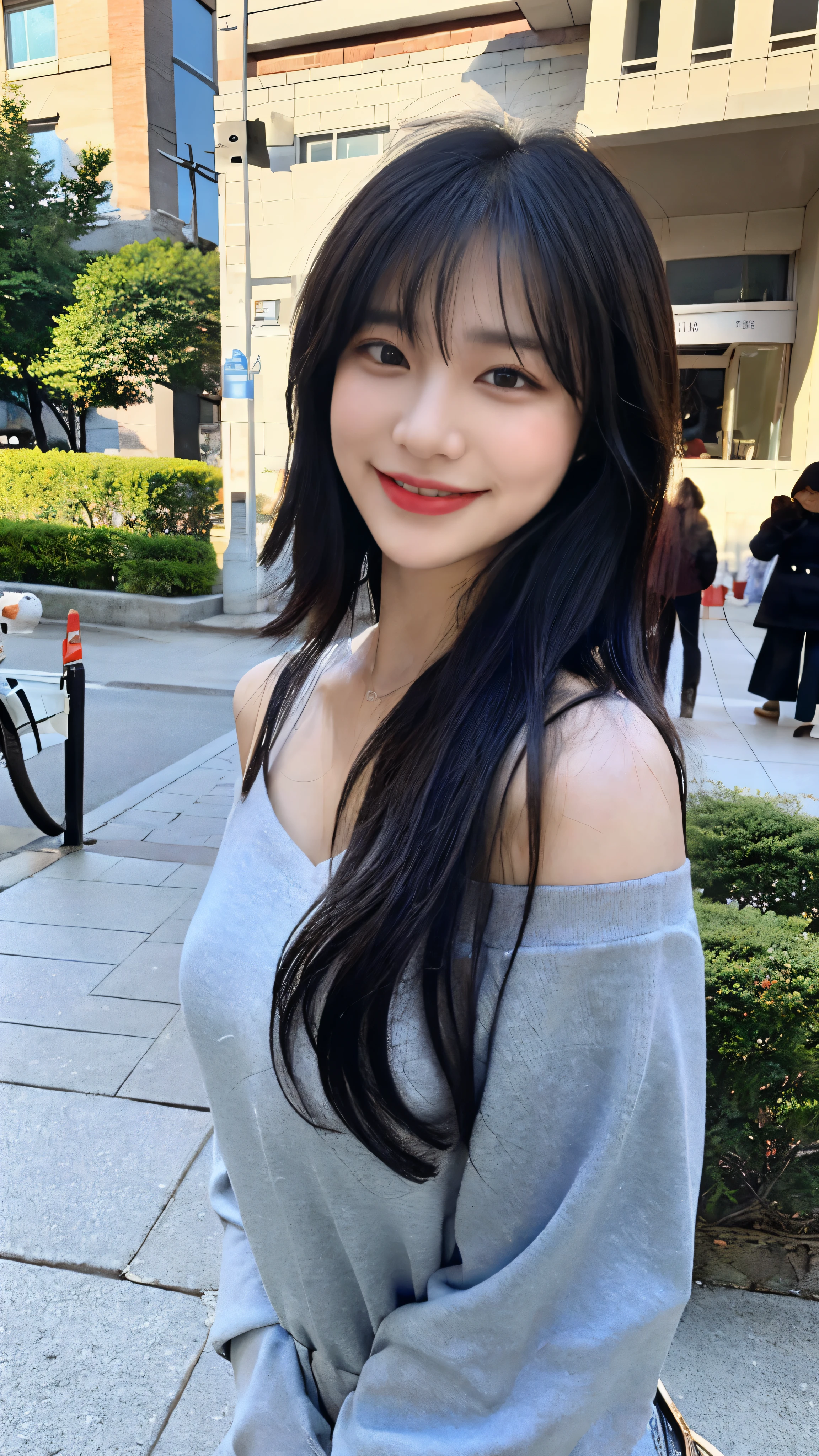(8 thousand、top quality、masterpiece:1.2)、(realistic、realistic:1.9)、(laugh:0.2)、medium chest、beautiful and delicate eyes、full body sbian、(alone:1.8)、(look at the audience:1.3)、hair on wet hair、Smiling on a quiet street in the park、shoulder height short hair、The tip of the hair touches the shoulder and then bounces up in a U shape....、Loose curly hair,、light bangs、I have bangs、Beautiful black haired woman in her 20s。no man'so cute.、There is a sophisticated atmosphere。walking on the white sidewalk,、He looked around gracefully.........、Unlike the busy atmosphere of the city、、、、、、Radiates quiet beauty。그녀의 laugh는 주변 사람들에게도 있다々that'representation々continuation々This is、々This is、々This is、々Gives you a happy feeling, Korean Background