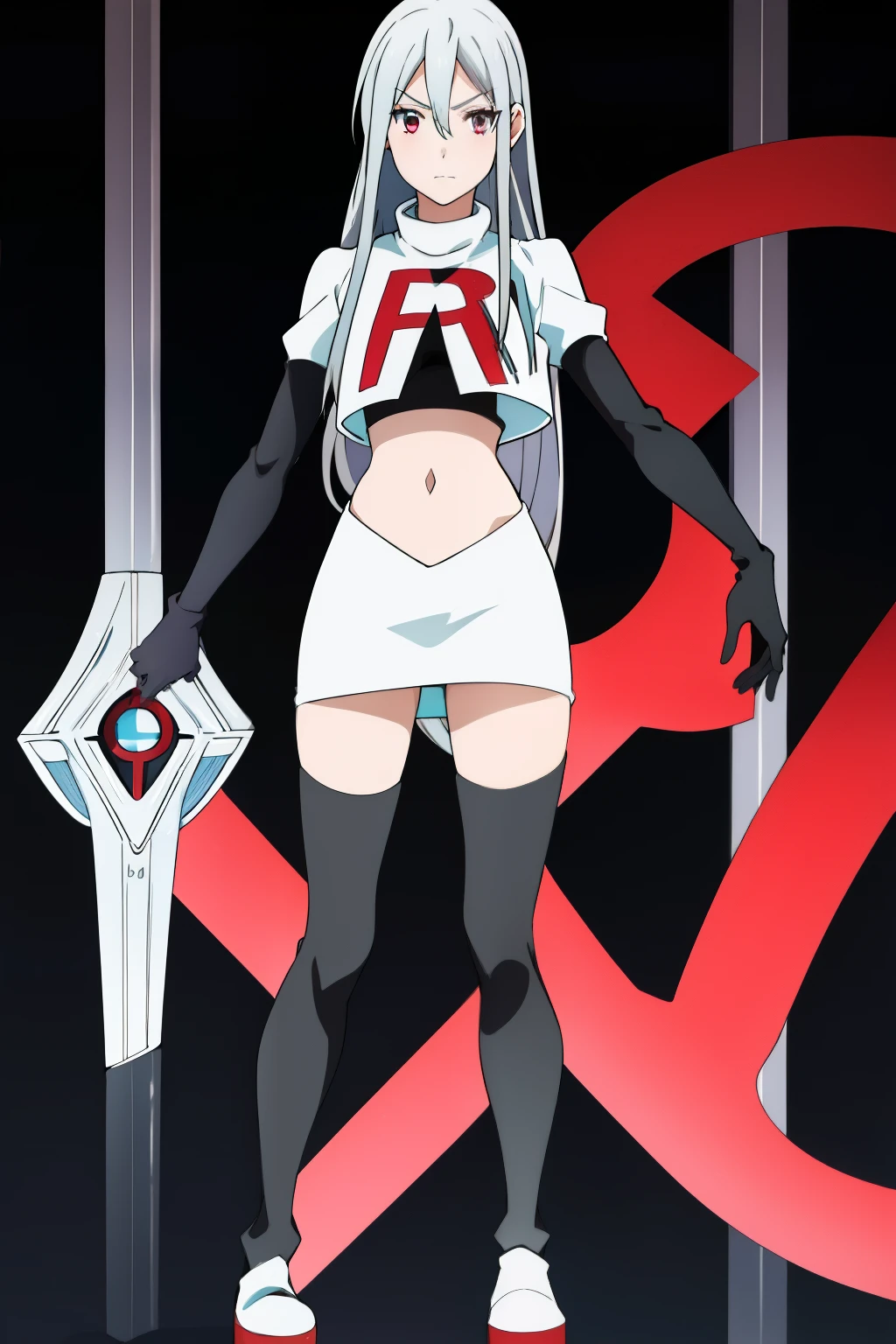 1girl, silver hair, hair between eyes, long hair, looking at viewer, silver hair, solo,leona_miyamura, team rocket,team rocket uniform,white skirt,red letter R,crop top,black thigh-highs,black elbow gloves