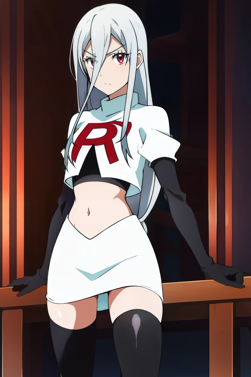 1girl, silver hair, hair between eyes, long hair, looking at viewer, silver hair, solo,leona_miyamura, team rocket,team rocket uniform,white skirt,red letter R,crop top,black thigh-highs,black elbow gloves