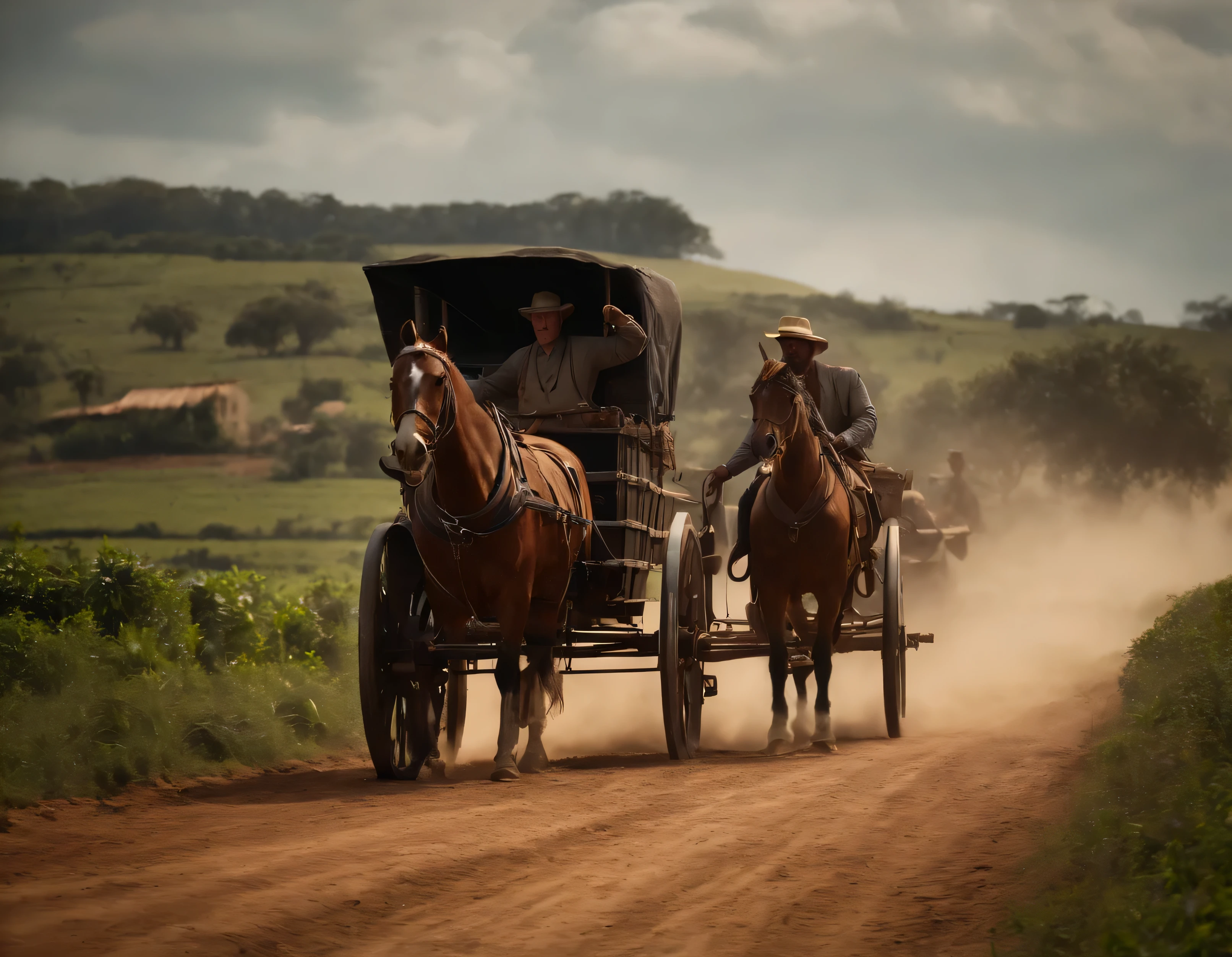 ((best quality, 8k)), ((Maneco Palhoça, um empregado de fazenda negro, pobre, In hat lives in 1926, Rides wagon and horse )) oil painting