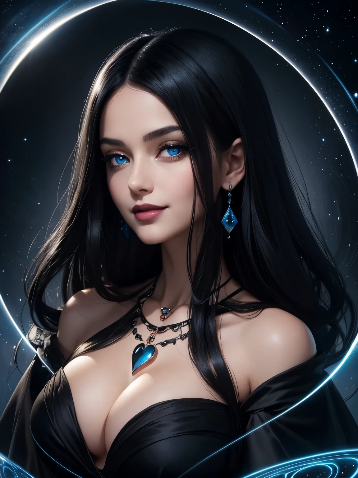 Portrait, beautiful woman with black hair and a silky black dress, wearing a large heart-shaped necklace, hourglass figure, symmetrical figure, highly detailed face, beautiful face, calming blue eyes, lush black lips, smiling, alluring, stunning digital illustration, mysterious quantum environment, cosmic elements and ethereal atmosphere