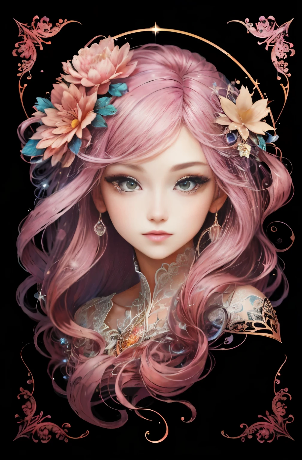 （（18 year old beautiful princess）），（She has long flowing pink hair），（bright beautiful eyes），Popular topics on Artstation，flower of hope，Super detailed，Crazy details, Astonishing, complicated, elite, Art Nouveau, A gorgeous one, fantastic，liquid wax, luxury, ink style, a sticker, Vector art beautiful character design, Double exposure shooting, Luminous design, Award-winning works, masterpiece, black background,Optical