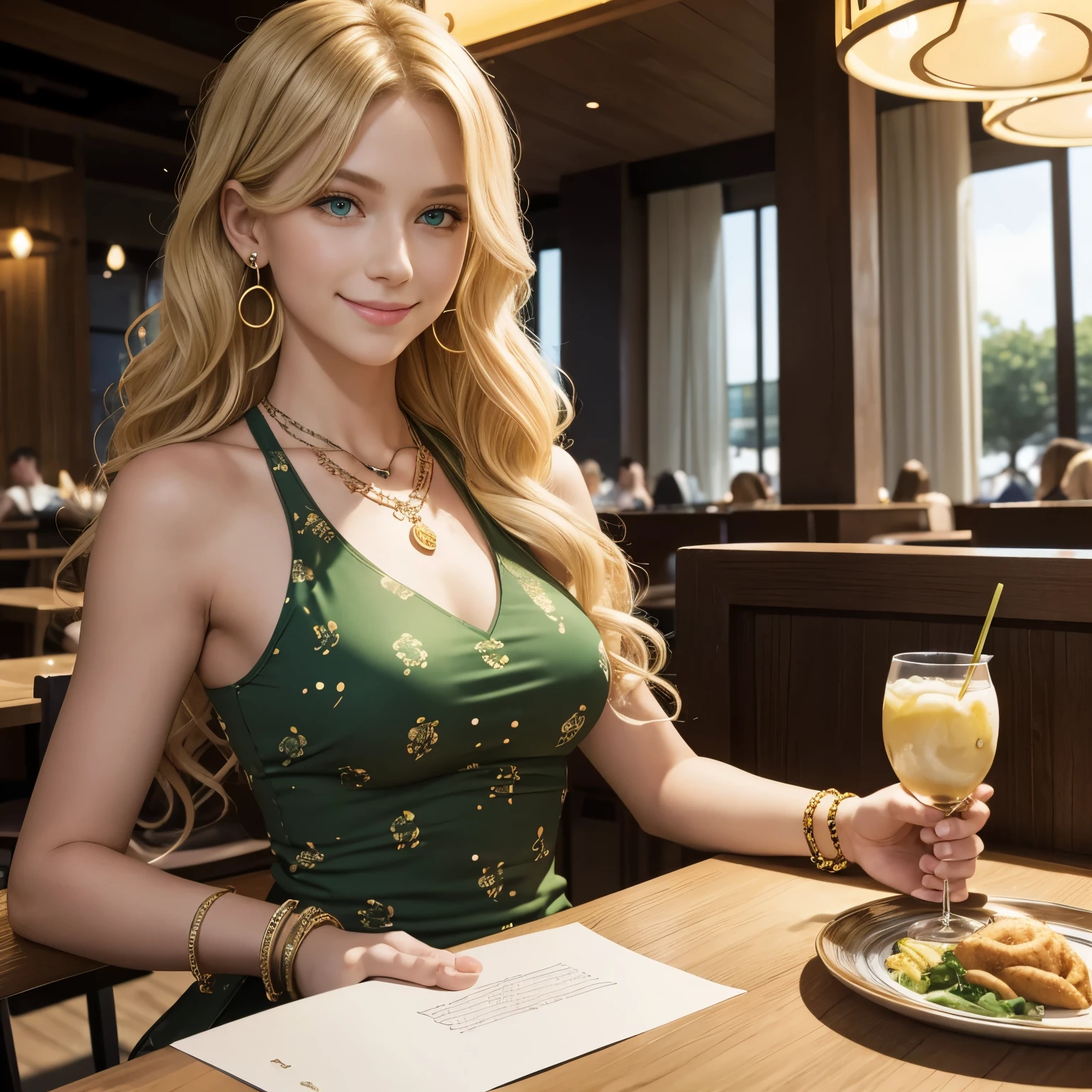 Caucasian woman, blonde hair, dark hair roots, wavy hair, green eyes, blue eyeliner, blue lipstick, smile, athletic body, (small breasts), nipples, low-cut blouse, necklace, bracelets, earrings, blue nails, sitting , in restaurant, glass of wine on the table, side shot from top to bottom.