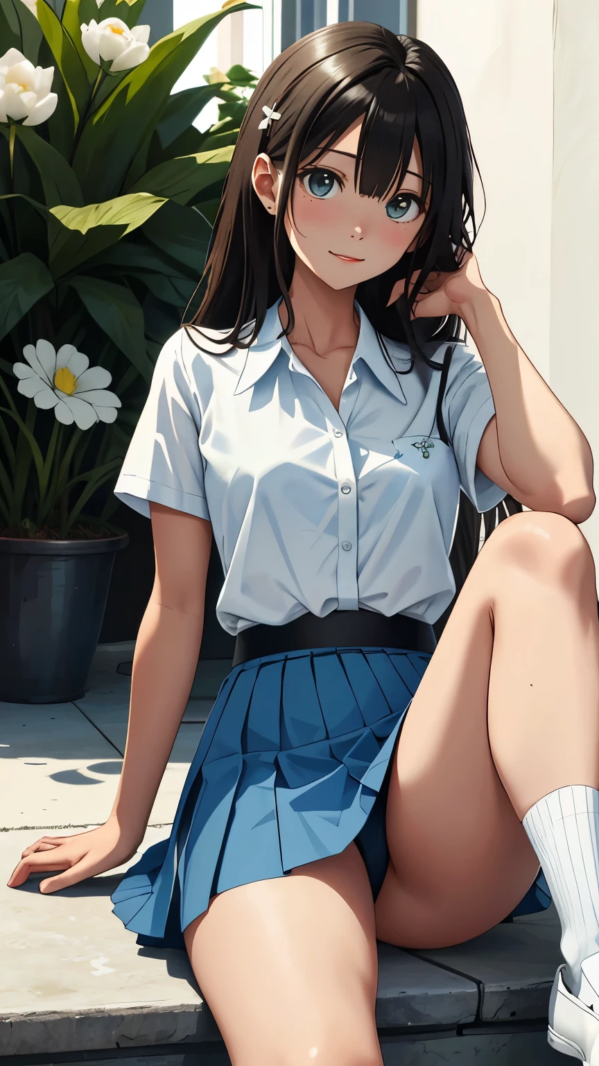 masterpiece, best quality, highres, asuna, pretty and cute face, realistic face, face focus, tanned skin, 1girl, small breasts, solo, x_hair_ornament, shining black hair, white green tulip hairclip, medium_hair, hair between the eyes, one side facing left,white button-up shirt , medium and blue skirt, (blue skirt), black belt, plain white underwear, shoes white footwear, white socks, green_eyes, happy, solo, covered_nipples, sunshine,