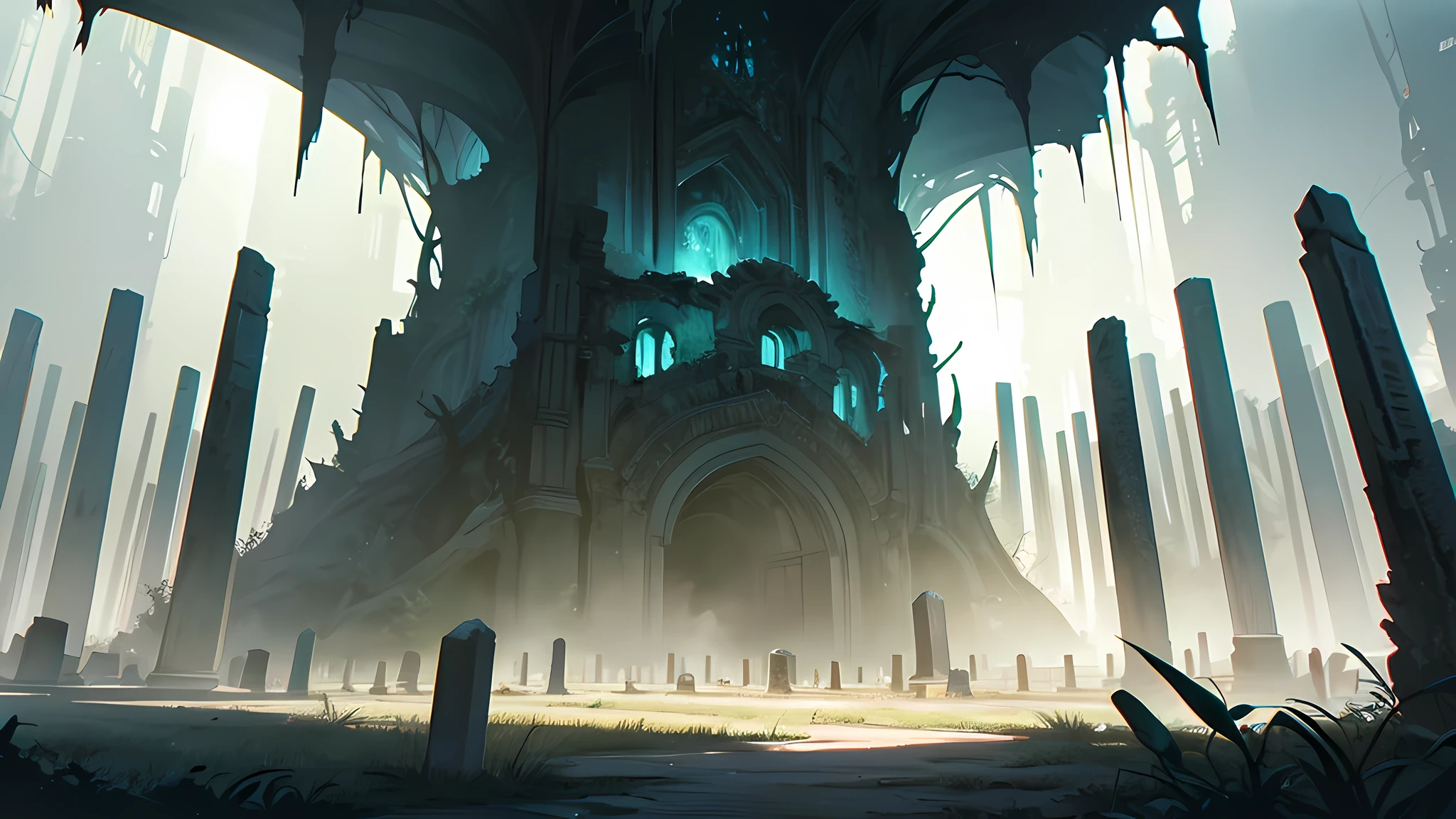 vast scenario of horror, dark valley with abyss, digital illustration, overdetailed, uhd, ruins and an ancient cemetery as background, around Strong shadows, green art by Dan Seagrave, In the middle of a place that still unknown