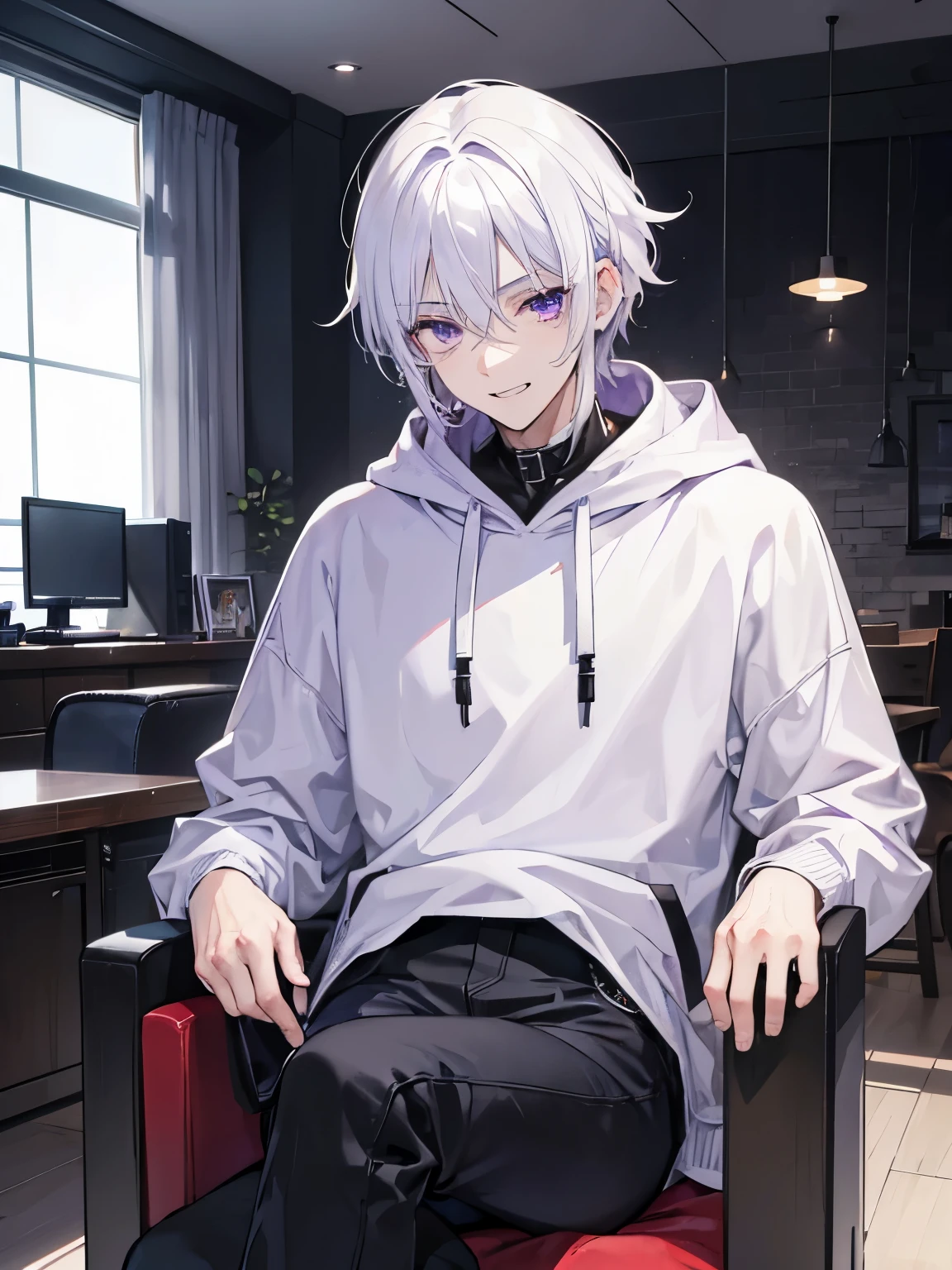 ((A Man!!!)) with white hair, purple eyes, taper faid hair, black hoodie, long black jeans, ((laugh)), gentle, manly, in living room, was sitting in a gaming chair.