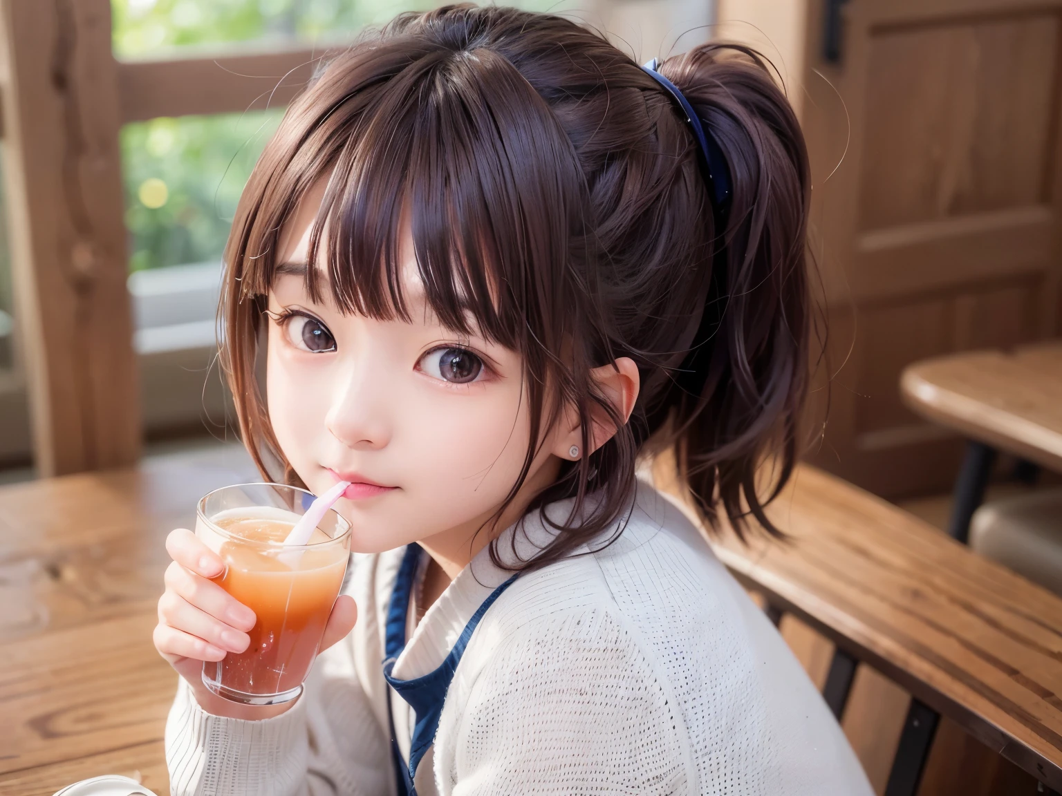 There is a Japanese girl sitting at the table with a drink, adorable digital art, cute、beautiful, cute girl, nice digital painting, beautiful素敵な, リアルなcute女の子の絵, cute detailed digital art, cute , cute and lovely, cute young girl, cute cartoon character, cute cartoon, cute portrait, cute cute, adorable expression, cute可愛い女の子