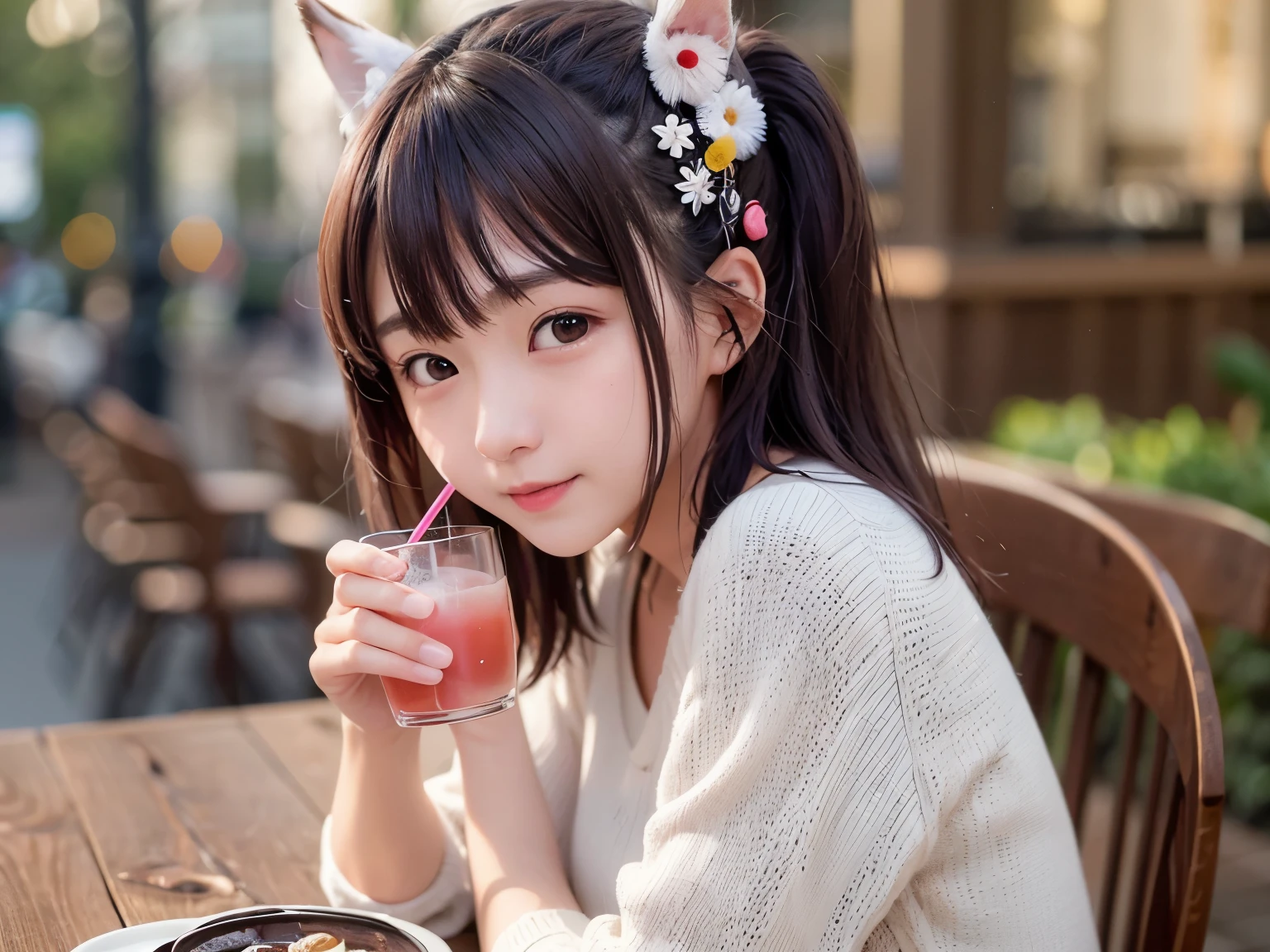 There is a little Japanese girl sitting at the table with a drink, adorable digital art, cute、beautiful, cute girl, nice digital painting, beautiful素敵な, リアルなcute女の子の絵, cute detailed digital art, cute , cute and lovely, cute young girl, cute cartoon character, cute cartoon, cute portrait, cute cute, adorable expression, cute可愛い女の子