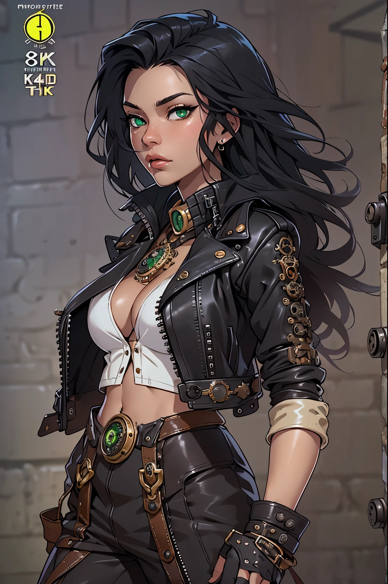((Need, 8K, tmasterpiece:1.3)),(realisticlying:1.4),RAW photogr,figure portrait,Very wide lens,closeup cleavage,(True skin texture:1.3),(filmgrain:1.3) Focalors:1.2, perfect figure beautiful woman:1.4, ((Long dark black bright hair, green eyes, navel, huge tit:1.2 )), ((White crop top:1.2))(short black leather jacket, black steampunk trausers:1.4) , ((kneel:1.2)), ((open steampunk street day scene, )), Highly detailed facial and skin texture, detailed