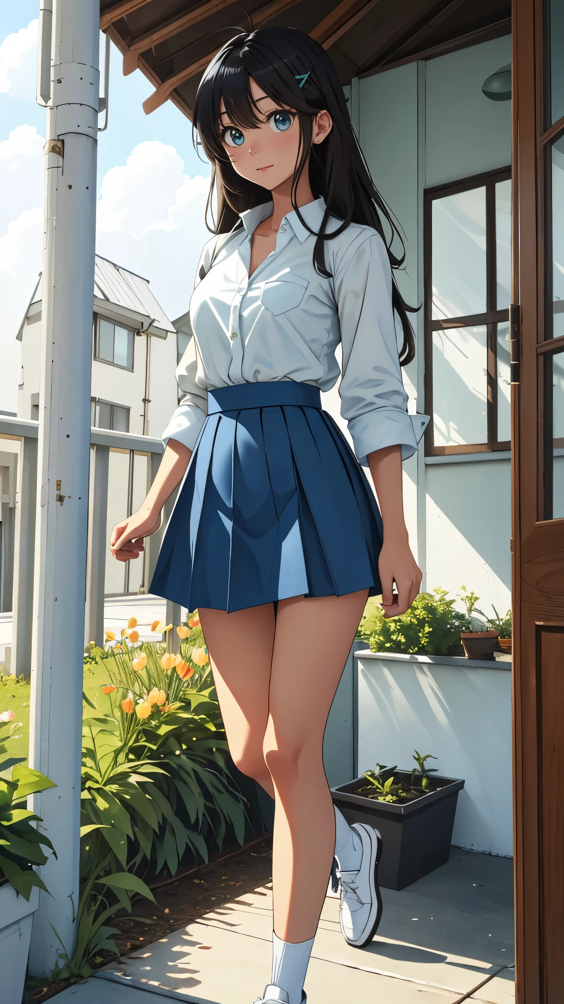 masterpiece, best quality, highres, asuna, pretty and cute face, realistic face, face focus, tanned skin, 1girl, small breasts, solo, x_hair_ornament, shining black hair, white green tulip hairclip, medium_hair, hair between the eyes, one side facing left,white button-up shirt , medium and blue skirt, (blue skirt), black belt, plain white underwear, white panties,shoes white footwear, white socks, green_eyes, happy, solo, covered_nipples, sunshine,view back