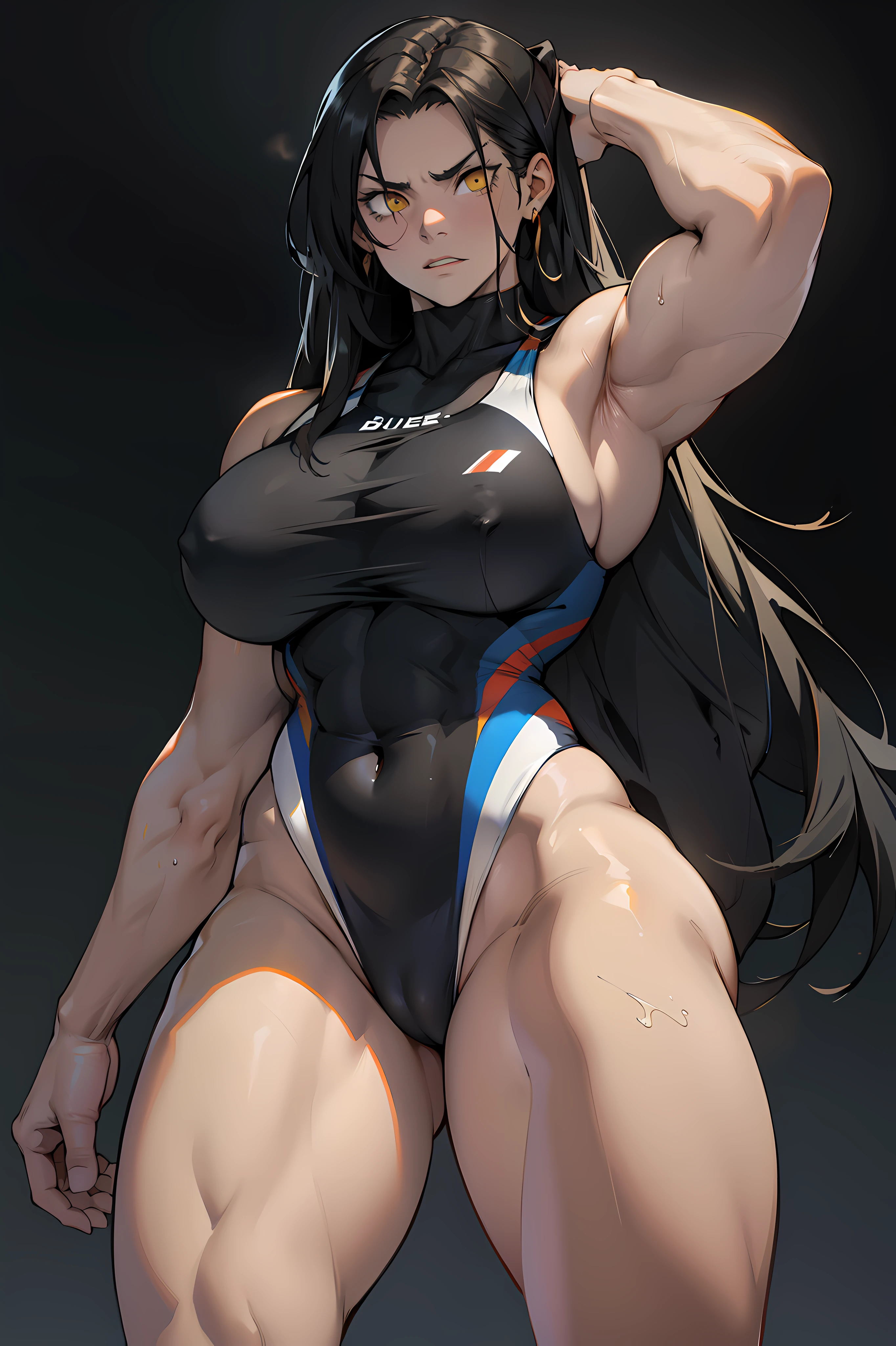 (bodybuilder) pale skin yellow eyes black hair very long hair 1girl huge breasts dark atmosphere thick thighs grey background one-piece swimsuit angry