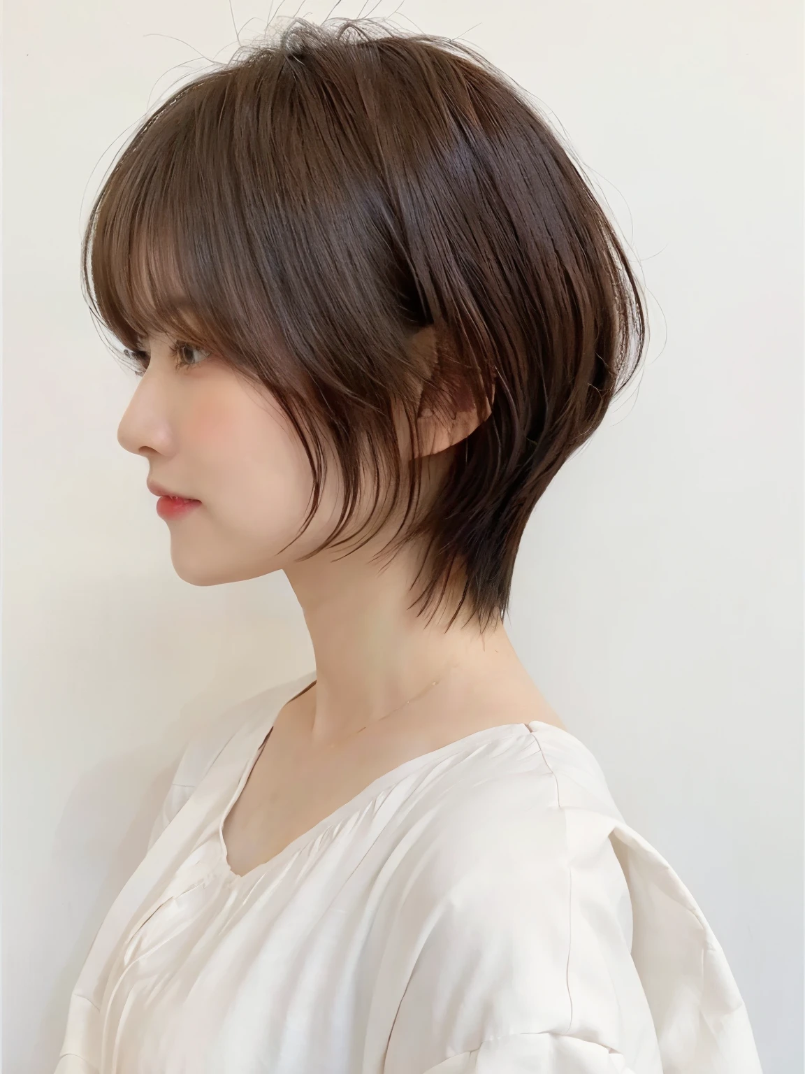 White long sleeve dress、(8K、RAW photo、highest quality、masterpiece:1.2)、High-definition RAW color photo、professional photos、(realistic、photo realistic:1.37)、cinematic light、1 girl、laughter、white wall、Taken in front of the white door、(窓のあるwhite wallの部屋)、Versatile poses、break (ombre:1.3) 、simple necklace、Spring clothes、(Beautiful profile:1.3)、Don't look at the camera、profile、dark brown hair color、short hair