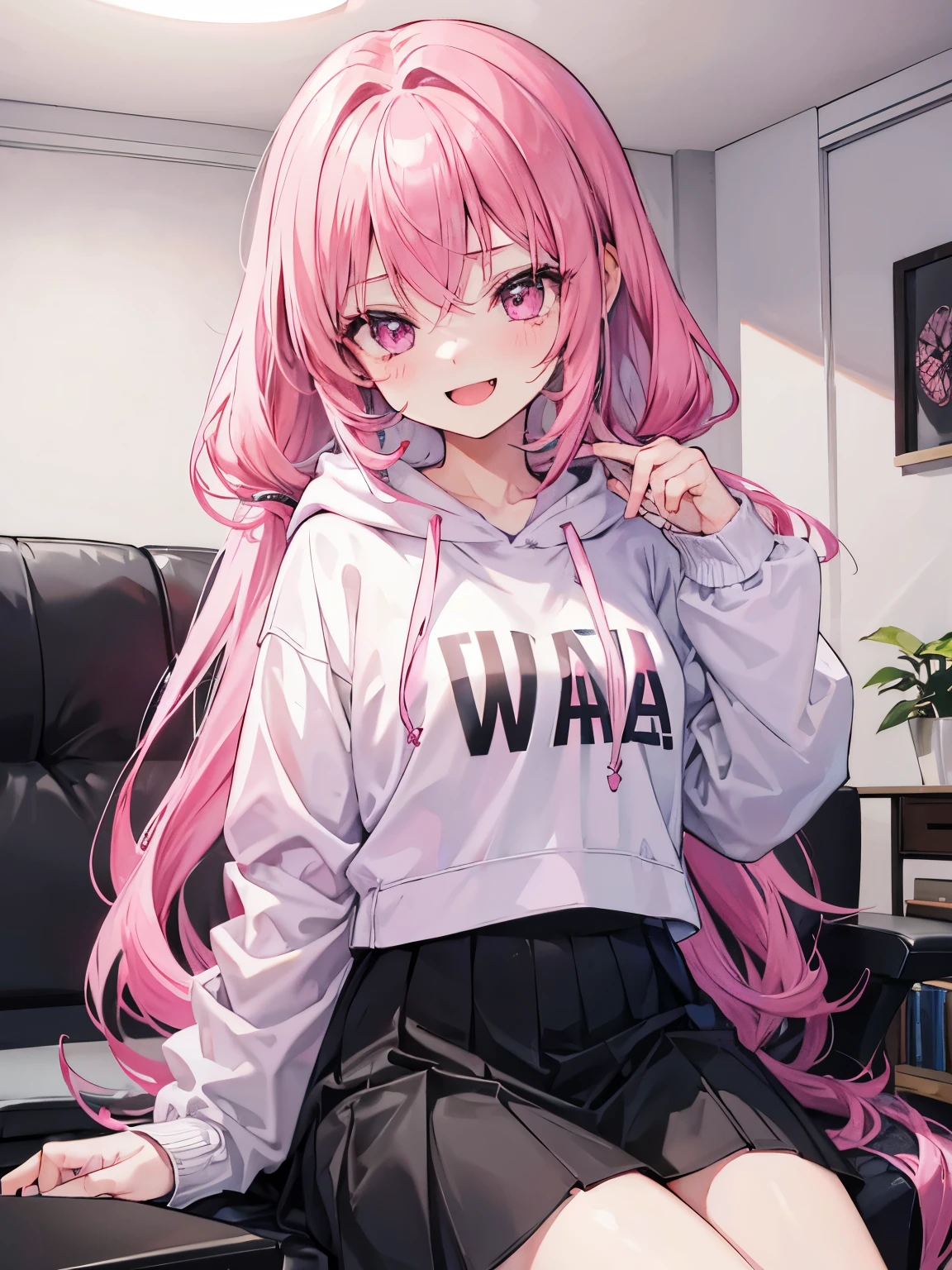 ((A girl!!!)) with pink hair, pink eyes, long hair, wearing hoodie, black skirt, ((laugh)), beautiful, m
ature, in living room, was sitting in a gaming chair.