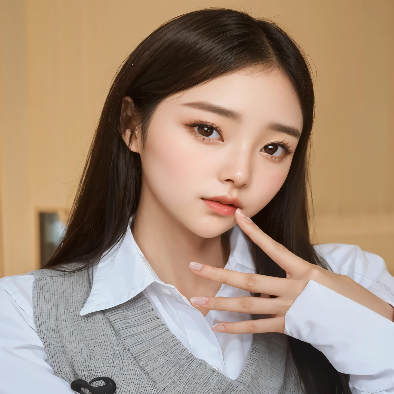 Arafed Asian woman with long dark hair and white shirt., beautiful south mujer coreana, gorgeous young mujer coreana, muchacha coreana, beautiful young mujer coreana, mujer coreana, maquillaje popular de corea del sur, maquillaje coreano popular, pale korean adorable face, joven y adorable rostro coreano, sakimichan, female korean idol portrait, cara sexy con maquillaje completo, korean symmetrical face