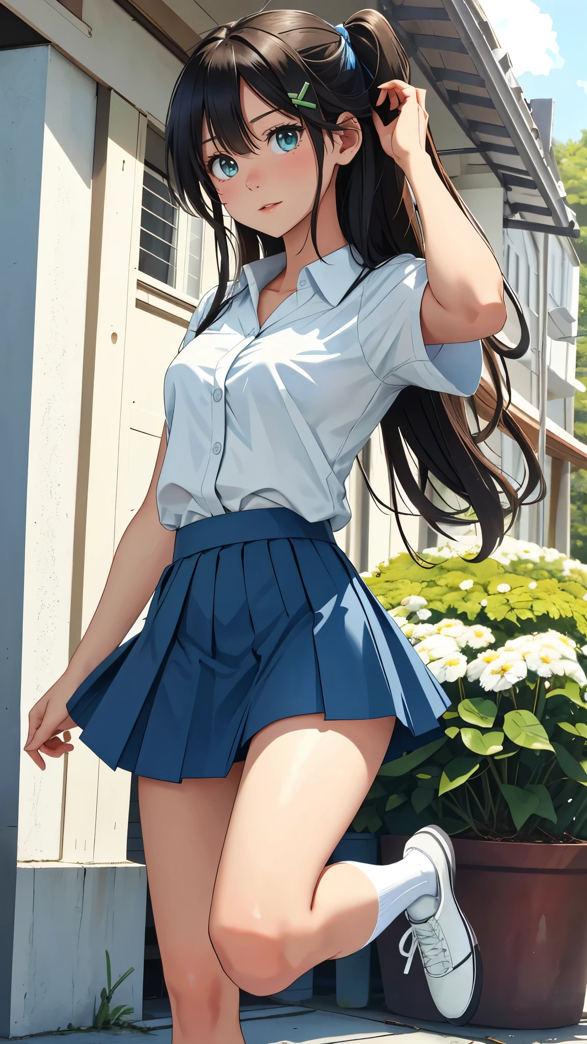 (((​masterpiece,top-quality,超A high resolution))),1womanl, ,((()),Beautiful breasts,ar old,(open open mouth))),(((A smile))),(((Nariko Saten))),,(((Best Quality,4K,in 8K))),((The wind is trying to ruin my skirt)),(((School uniform)),