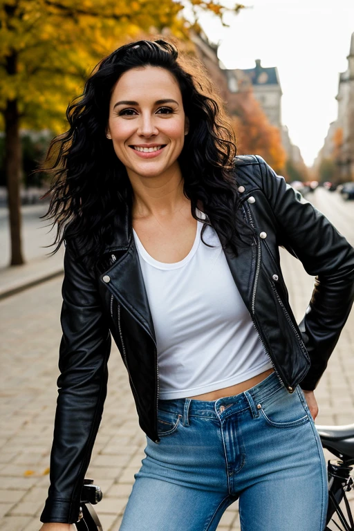 Hyper-realistic face ,Portrait photo of a beautiful 36 year old woman, Straight nose, The lips are thin, , black wavy hair, The haircut is short, good lighting, happy face, full face, short leather jacket, white top, jeans, Black Strap,  White running shoes, on a bicycle 