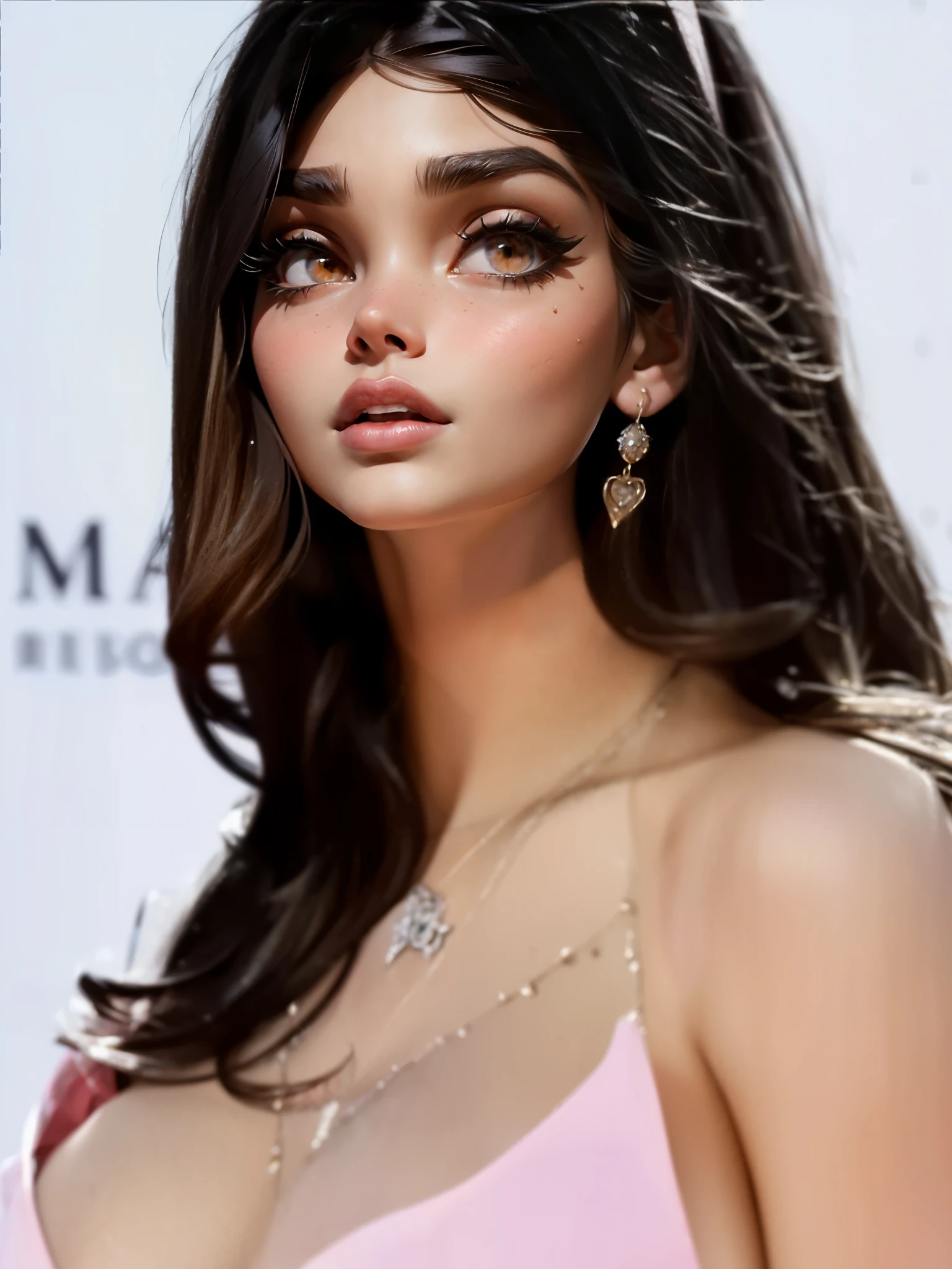 a close up of a woman in a pink dress posing for a picture, madison beer girl portrait, madison beer, soft devil queen madison beer, gorgeous latina face, :: madison beer, violet myers, olivia culpo, beautiful mexican woman, portrait emily ratajkowski, tanned ameera al taweel, beautiful female model, (highly detailed face:1.4) (smile:0.7) (background inside dark, moody, private study:1.3) POV, by lee jeffries, nikon d850, film stock photograph ,4 kodak portra 400 ,camera f1.6 lens ,rich colors ,hyper realistic ,lifelike texture, dramatic lighting , cinestill 800