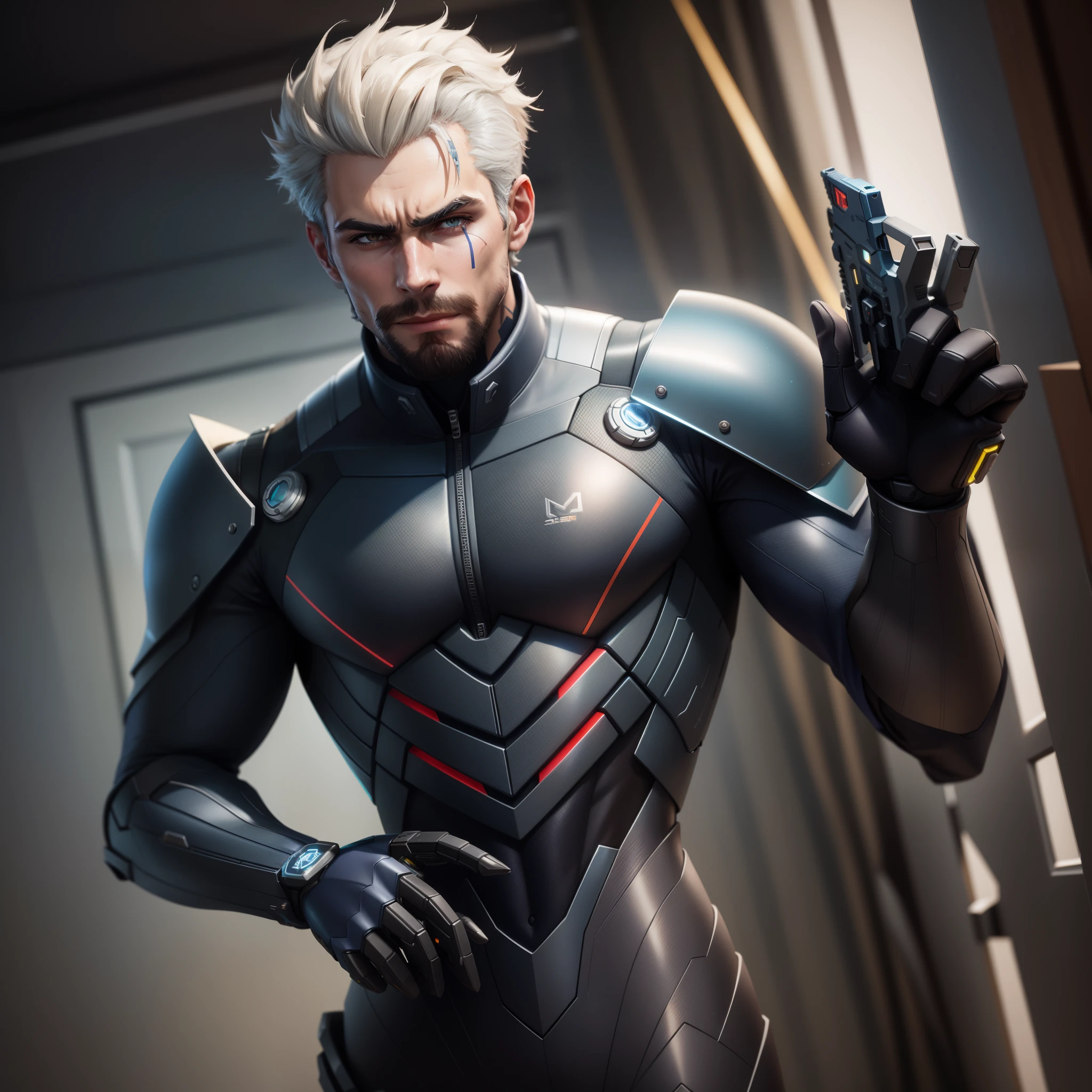Man in suit with a gun in his hand, Sigma de Overwatch, como personagem de overwatch, Como um personagem de Overwatch, Soldado 7 6 de Overwatch, Reinhardt de Overwatch, raiden metal gear, como personagem em tekken, trend at artstation, De Overwatch, arte oficial do personagem, trending on artstation hd, cybernetic suit, valorant character