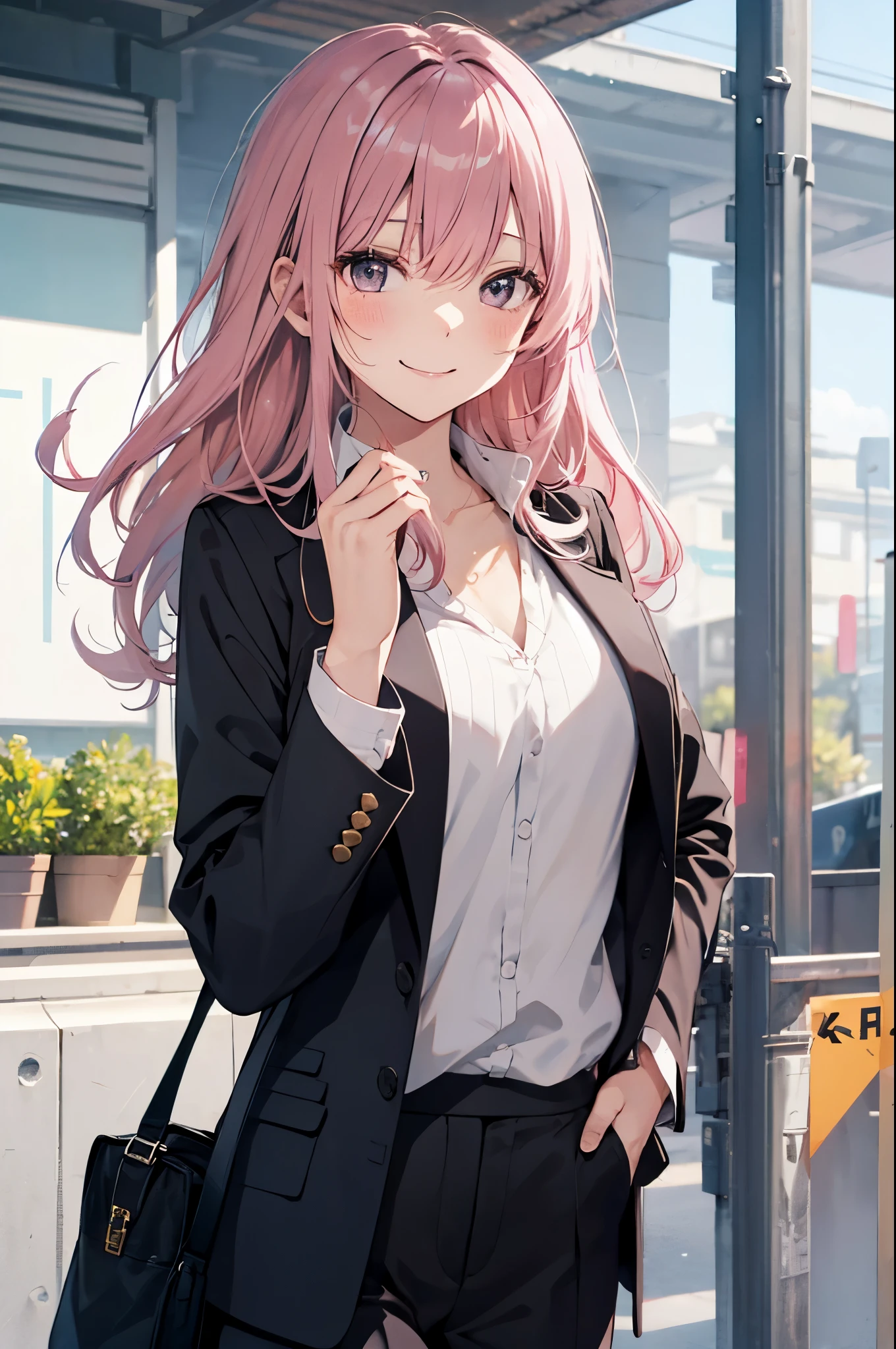 (Pretty sister:1.3)、happy face,spring atmosphere、suit figure、morning、aggressive、hot、wipe sweat、pink hair