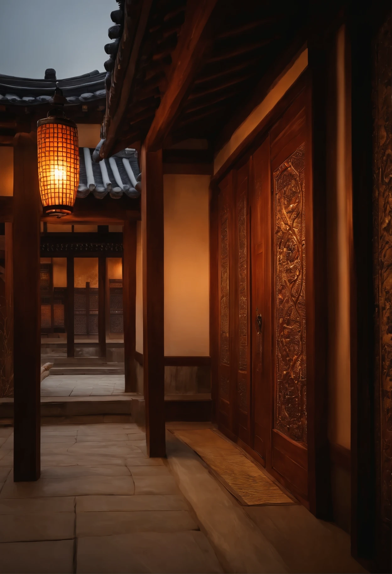 Hanok old antique entrance door tile lighting bar view from afar