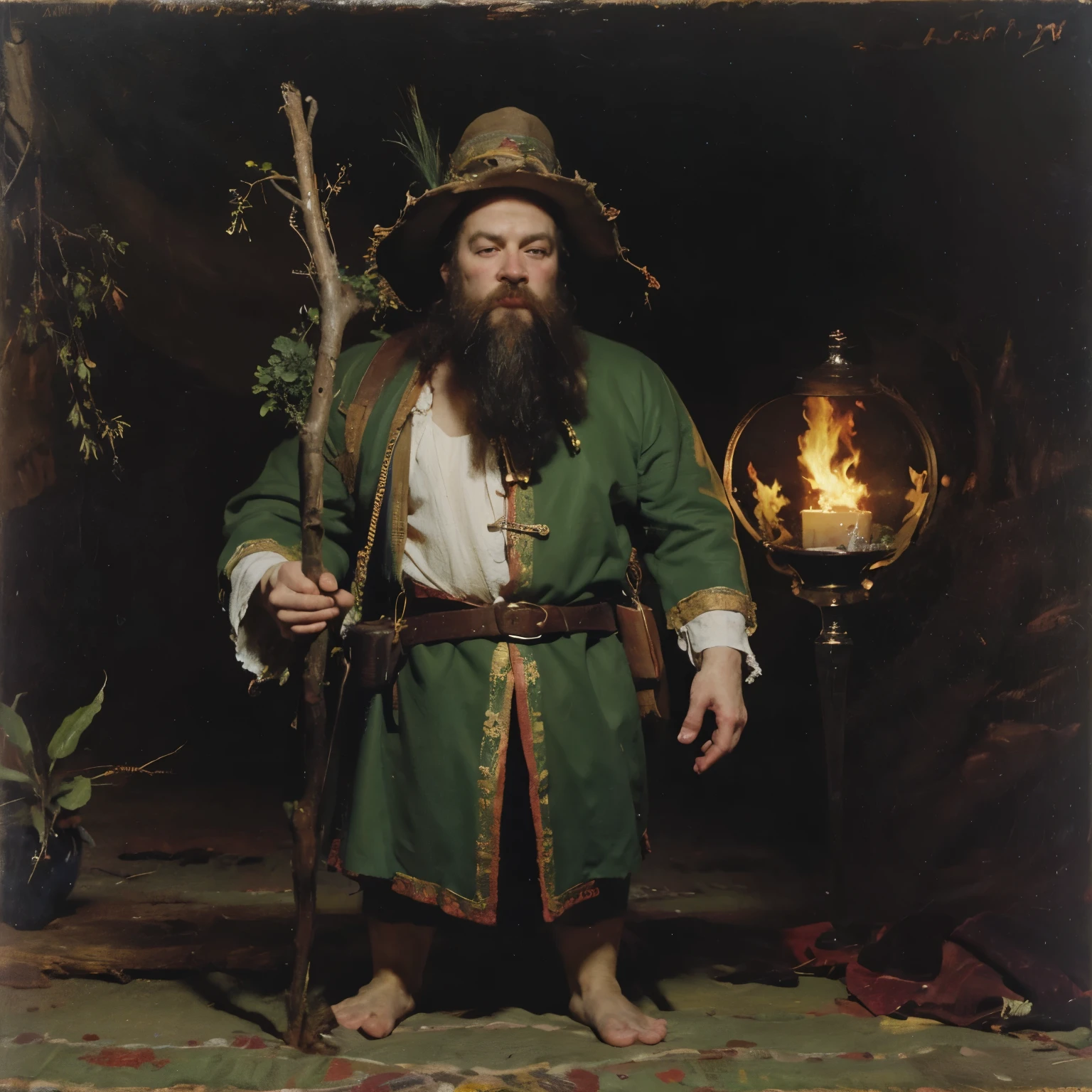 8k, photo of the most beautiful artwork, Forground: a dwarf male with a beard standing barefoot in luch grass holding a Druid Staff made of wood, he is wearing a green coat with a belt at the waist, pouches, wizard hat with a feather in it. Background: A luch forest environment,tree trunks, roots, vegitation, giant trees. Render the scene: Vibrant colors, photorealistic, sharp focus, (highly detailed:1.4), oil painting, ambient Light.