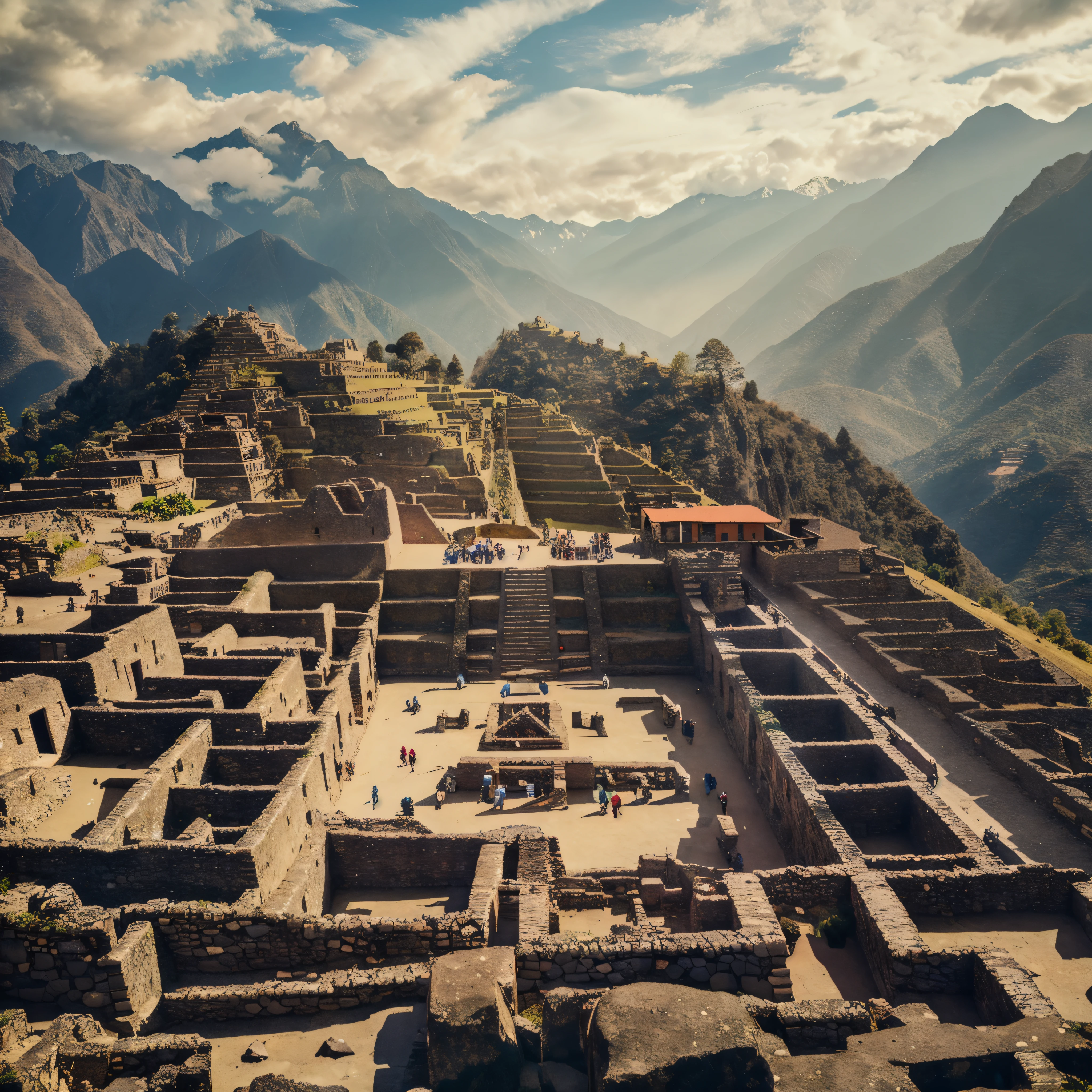 arafed view of a mountaintop with a village in the foreground, inca style, inca, ancient city landscape, ancient city, aerial view of an ancient land, neo-andean architecture, neo - andean architecture, sacred ancient architecture, machu picchu, ancient architecture, at an ancient city, peru, ancient ruins, beautiful ancient ruins behind