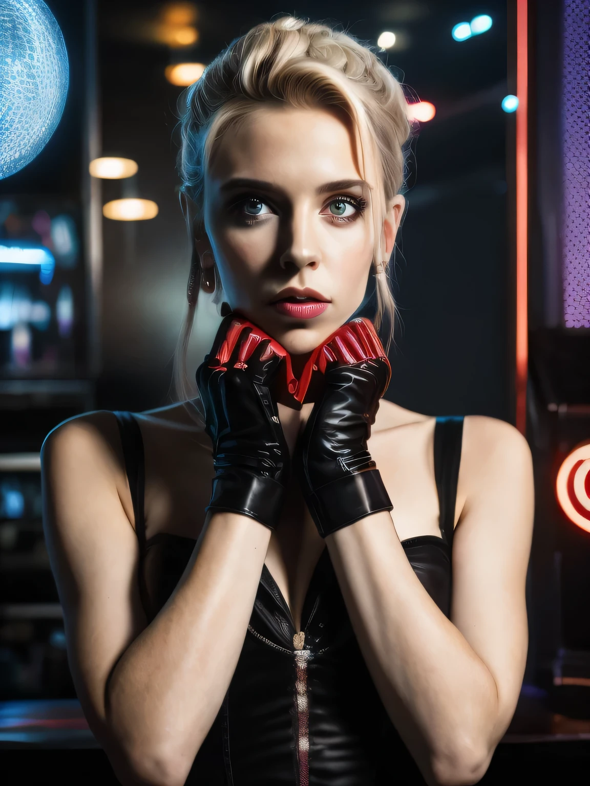 Retrato de Scarlett Johansson (with red and blue suicide squad makeup) linda de 25 anos brava, nervosa, bad girl, it teeerious, malvada, brava, irritada, cara de mau, bela brasileira, in sensual position, em um vestido de couro preto sensual, using black gloves on hands, hands at chin height, she stretches her hand high, She raises her hands above her head in celebration, bunda grande perfeita, nua, coxas grossas e fortes, with braided hair beautiful eyes, olhos azuis brilhantes, olhar sensual,  pele extremamente detalhada, pele com sardas, bota de salto alto brilhante, calcinha transparente, usando top curta brilhante, em sala fechada, She is in a private environment with a wall with black metal tiles, ( discoteca escura,  luz escura e neon, mal-humorada: 1.2), (foto de corpo inteiro).