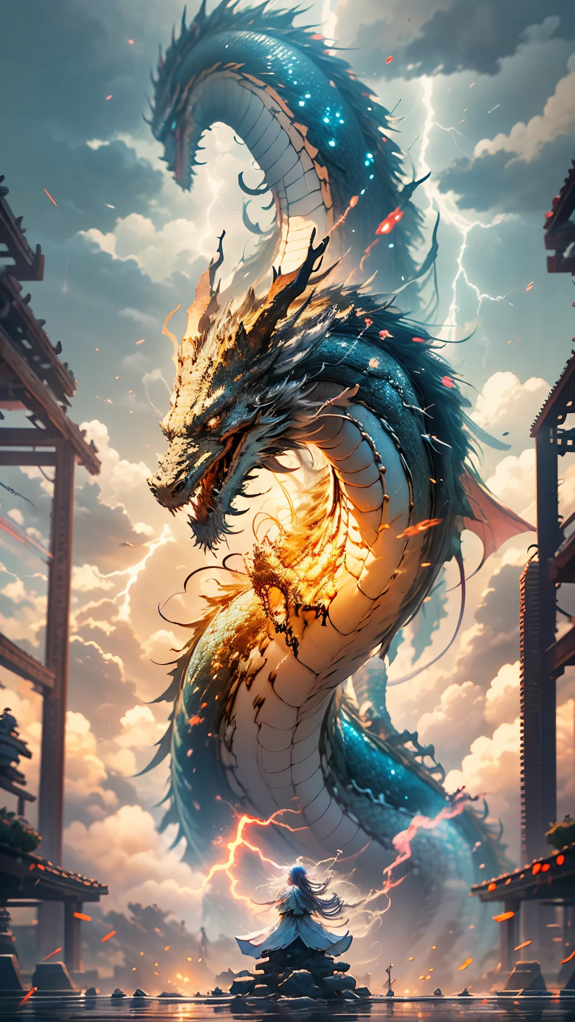China&#39;s white dragon soared into the sky，(((lightning is shining))),（girl who controls a dragon：1.3），（Girl has her back to the camera：1.3），The sky is surrounded by clouds，magic of light，amazing background，background of meaning，ridiculous background，There is an artistic overlay，colorful hair, surrealism, cinematic lighting, ray tracing, god&#39;s light, speed line, Angle of view, hyper hd, masterpiece, 最high quality, Super detailed, High resolution, high quality，（Vision：1.3）
