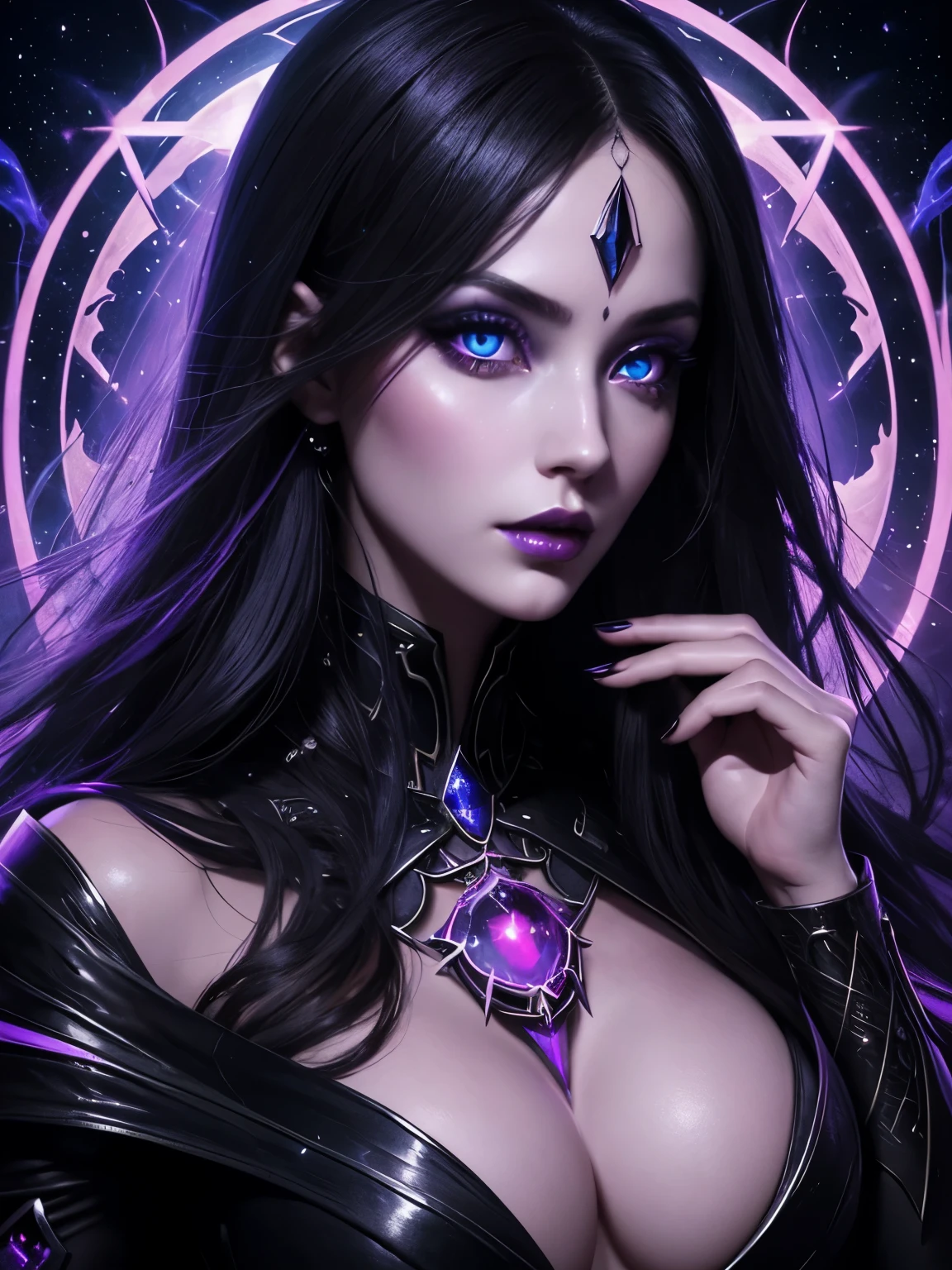 Portrait, beautiful corrupted sorceress with black hair and a purple dress, hourglass figure, symmetrical figure, highly detailed face, beautiful face, blue eyes, lush red lips, alluring, stunning digital illustration, mysterious quantum environment, cosmic elements and ethereal atmosphere