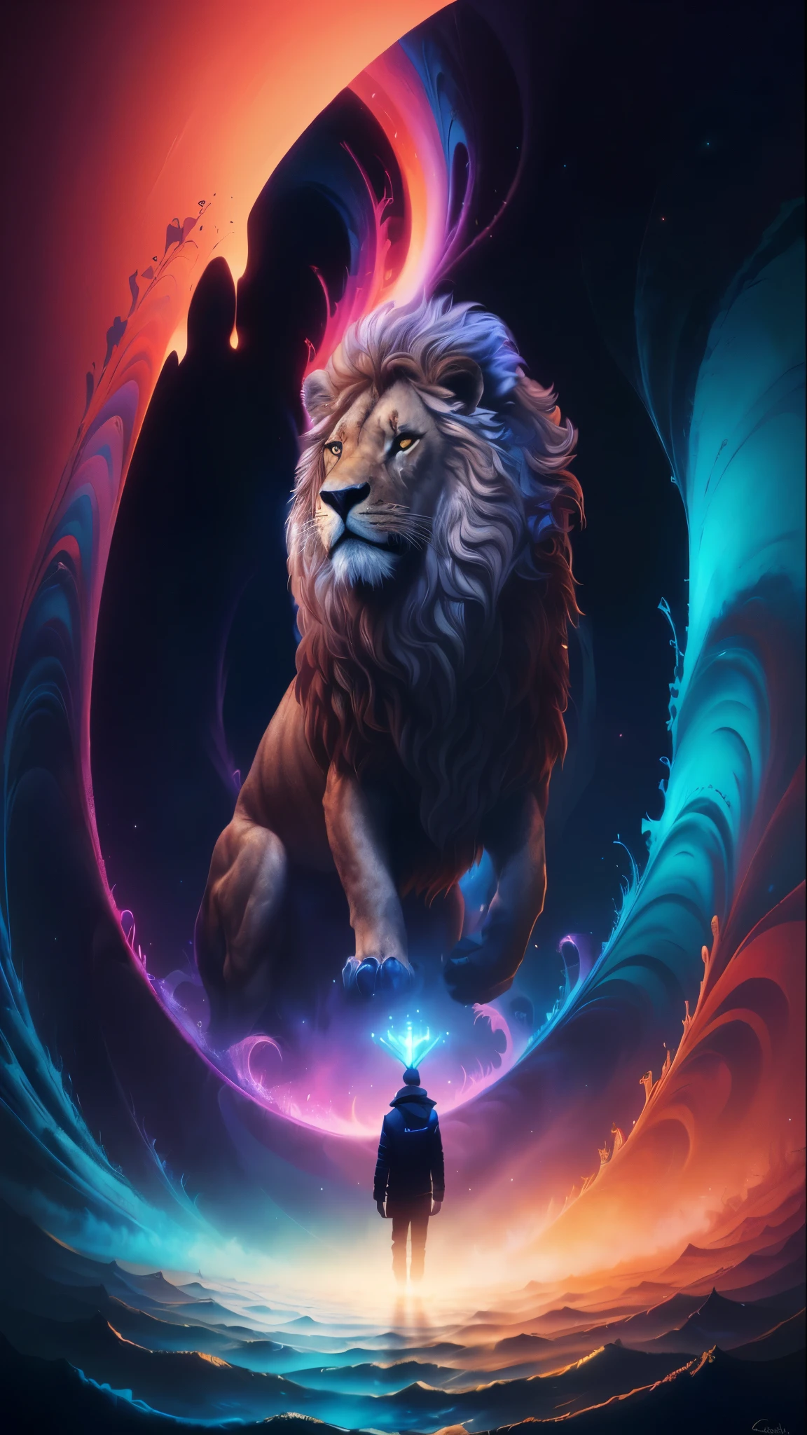 Close-up of a man standing in front of a lion, Inspired by Cyril Rolando, cyril rolando style, Epic surrealist 8K oil painting, 8K Stunning Artwork, Cyril Rolando and Goro Fujita, 4k high definition illustration wallpaper, Lions Gate, 4k highly detailed digital art, epic digital art illustration