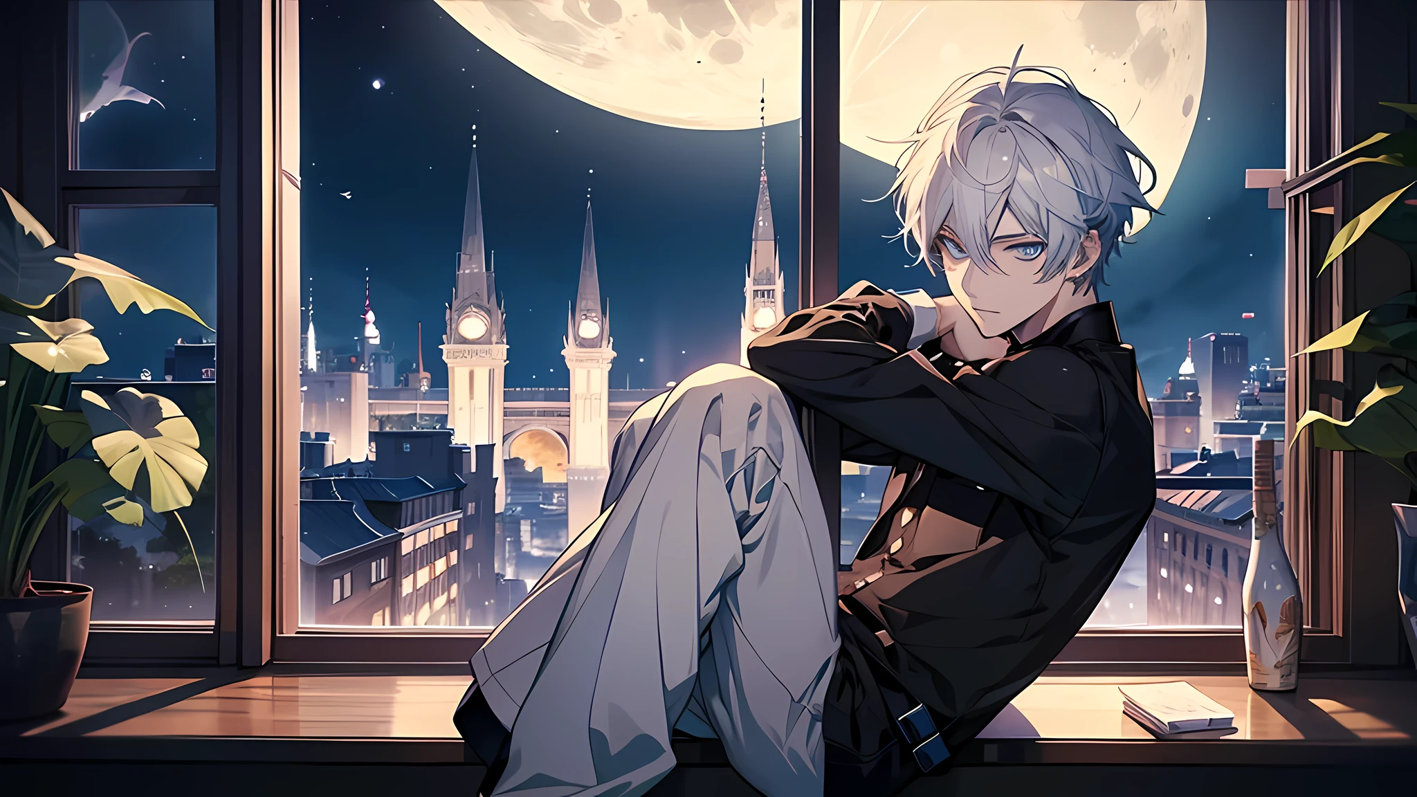 anime boy sitting on a window sill looking out at the moon, handsome anime pose, anime handsome man, short white hair, tall anime guy with blue eyes, moon behind him, young anime man, anime boy, nightcore, male anime character, high quality anime artstyle, [[[[grinning evily]]]], from arknights, male anime style, perfect face, detailed eyes, detailed face, detailed nose