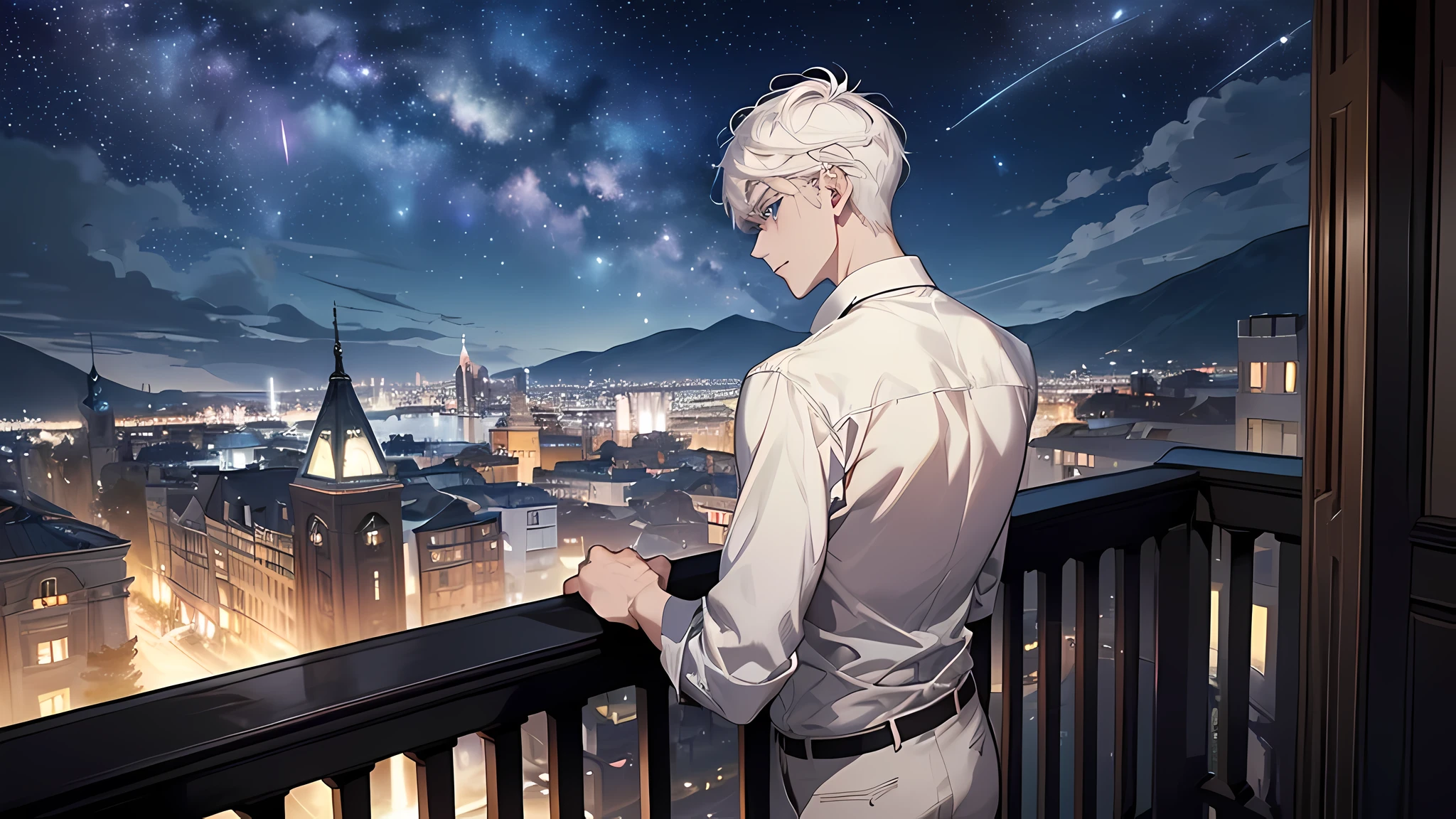 ((4K works))、masterpiece、(top-quality)、One beautiful boy、Slim body、tall、((Black Y-shirt and white pants、Charming English knight style))、(Detailed beautiful eyes)、Fantastic English black balcony、Castle inhabited by villains、Villain Knight、Balcony at night、((Starry sky in the background))、((dark sky))、((Fashionable city scenery at midnight))、((Standing on a stylish balcony and shooting))、mid night、((Face similar to Carly Rae Jepsen))、((Short-haired white hair))、((Smaller face))、((Neutral face))、((Bright blue eyes))、((American adult male))、((Adult male 26 years old))、((Cool Men))、((Like a celebrity))、((Angry look))、((Korean Makeup))、((elongated and sharp eyes))、((Happy dating))、((boyish))、Professional Photos、(((Shot alone)))、((shot from back))、((Shot so that the back of the head is visible))、((Focus zoom in))、((He is looking at the starry sky))、((He is standing on the balcony))、horor、((Beautiful and cool photos))、Cool pose, perfect face, perfect body, detailed face, detailed eyes