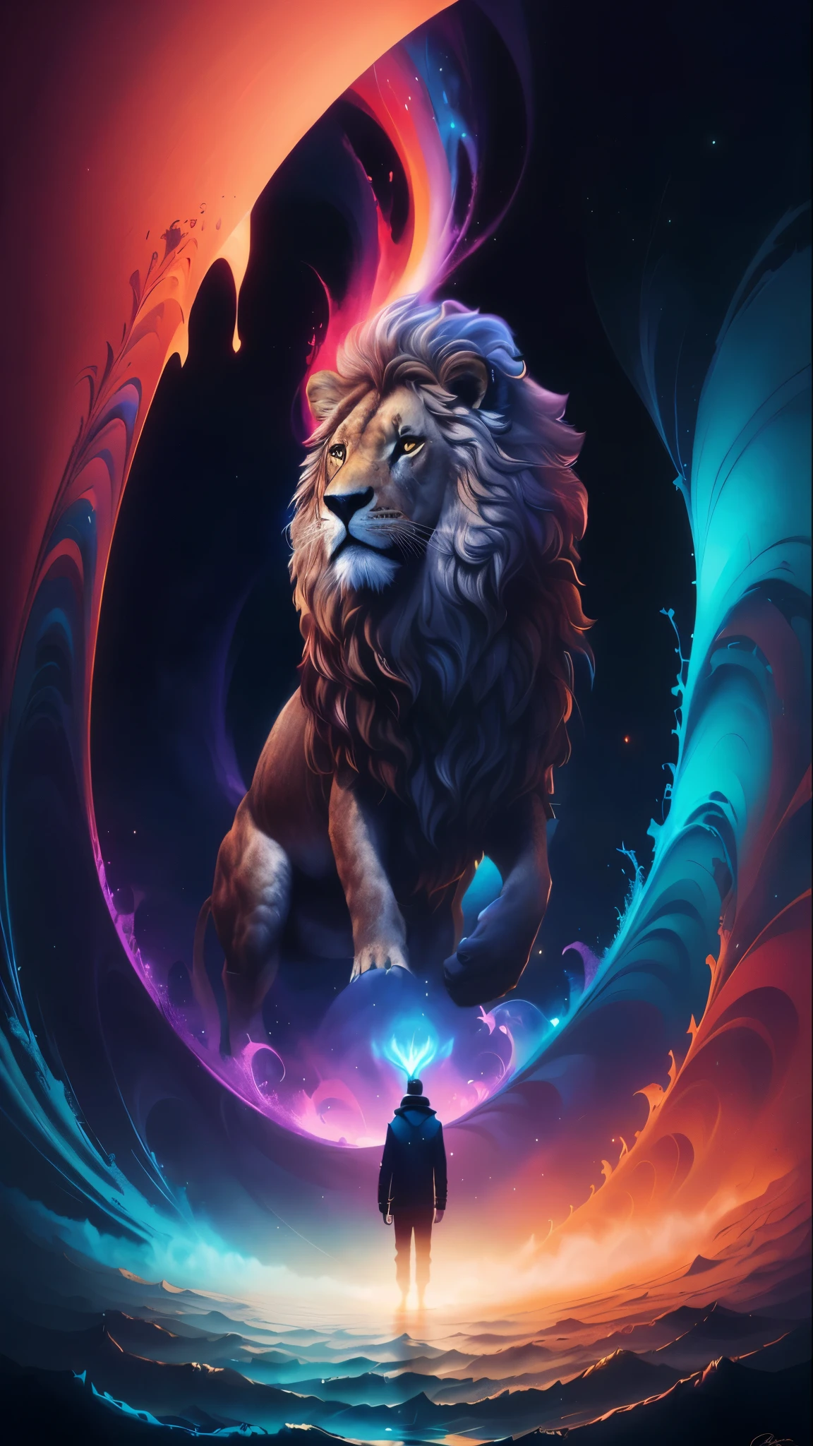 Close-up of a man standing in front of a lion, Inspired by Cyril Rolando, cyril rolando style, Epic surrealist 8K oil painting, 8K Stunning Artwork, Cyril Rolando and Goro Fujita, 4k high definition illustration wallpaper, Lions Gate, 4k highly detailed digital art, epic digital art illustration
