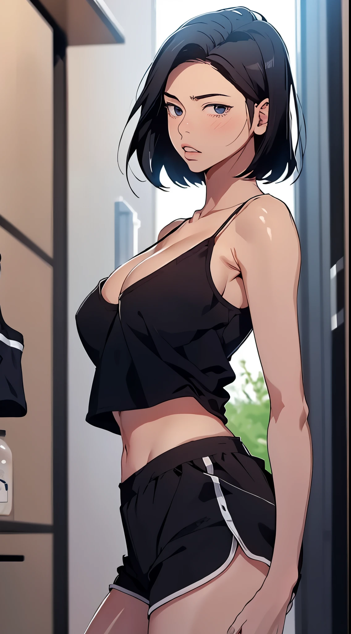 sooahdef, black hair, blue eyes, short hair
looking to the side, solo, breasts, parted lips, large breasts, looking away, camisole, cowboy shot, 1girl, black shorts, shorts, short shorts, bare shoulders, collarbone, cleavage
masterpiece, best quality